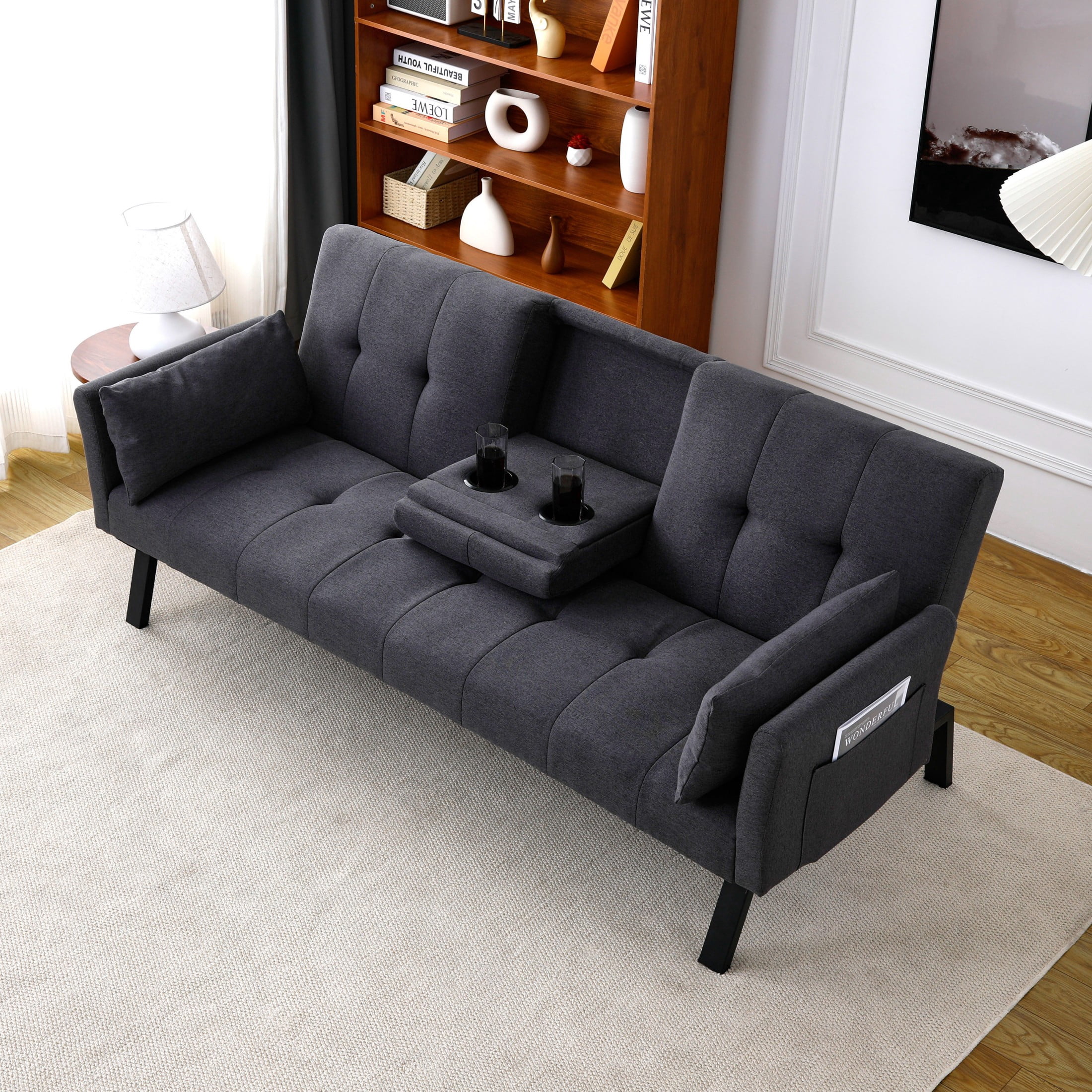 Aukfa 70" Convertible Futon Sofa Bed for Home Office, Linen Loveseat with Cup Holder, Gray