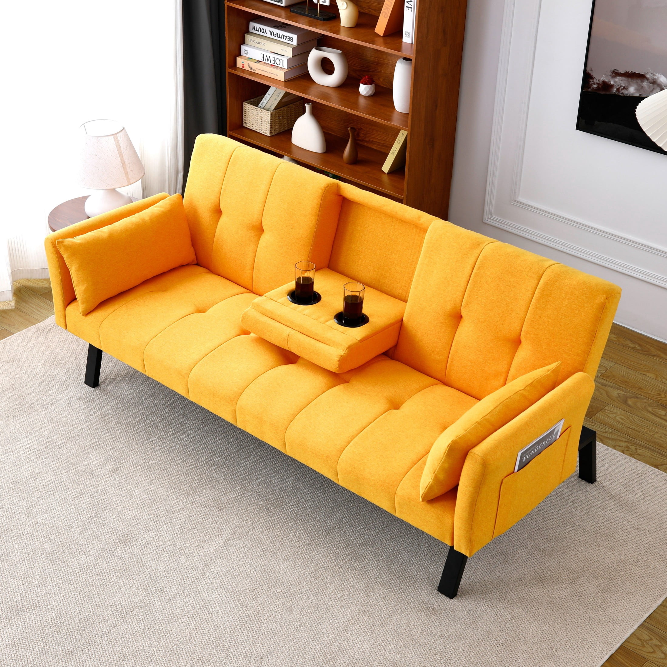 Aukfa 70" Convertible Futon Sofa Bed for Home Office, Linen Loveseat with Cup Holder, Yellow