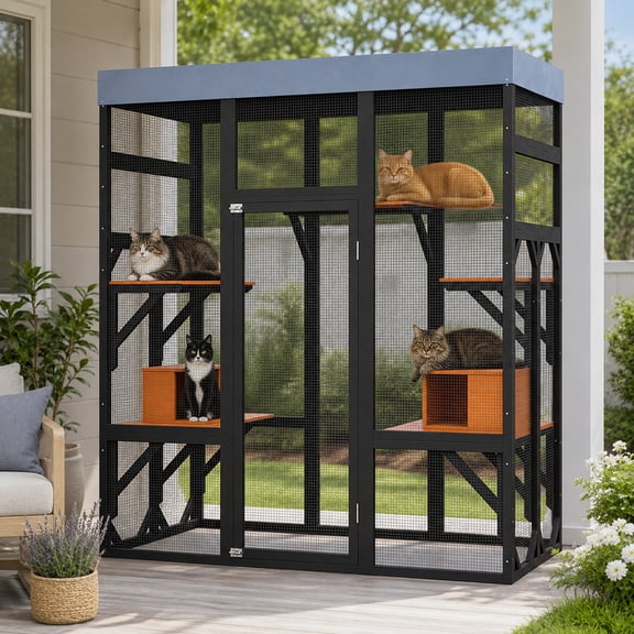 Aukfa 70"H Wooden Outdoor Cat Catio with Waterproof Roof, Large Cat Enclosure for Multiple Cats,Black