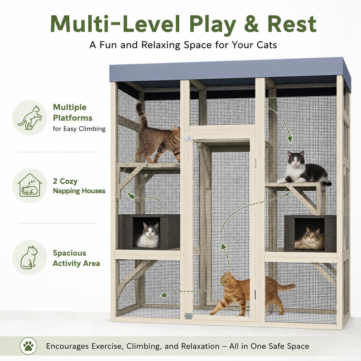 Aukfa 70"H Wooden Outdoor Cat Catio with Waterproof Roof, Large Cat Enclosure for Multiple Cats,Gray