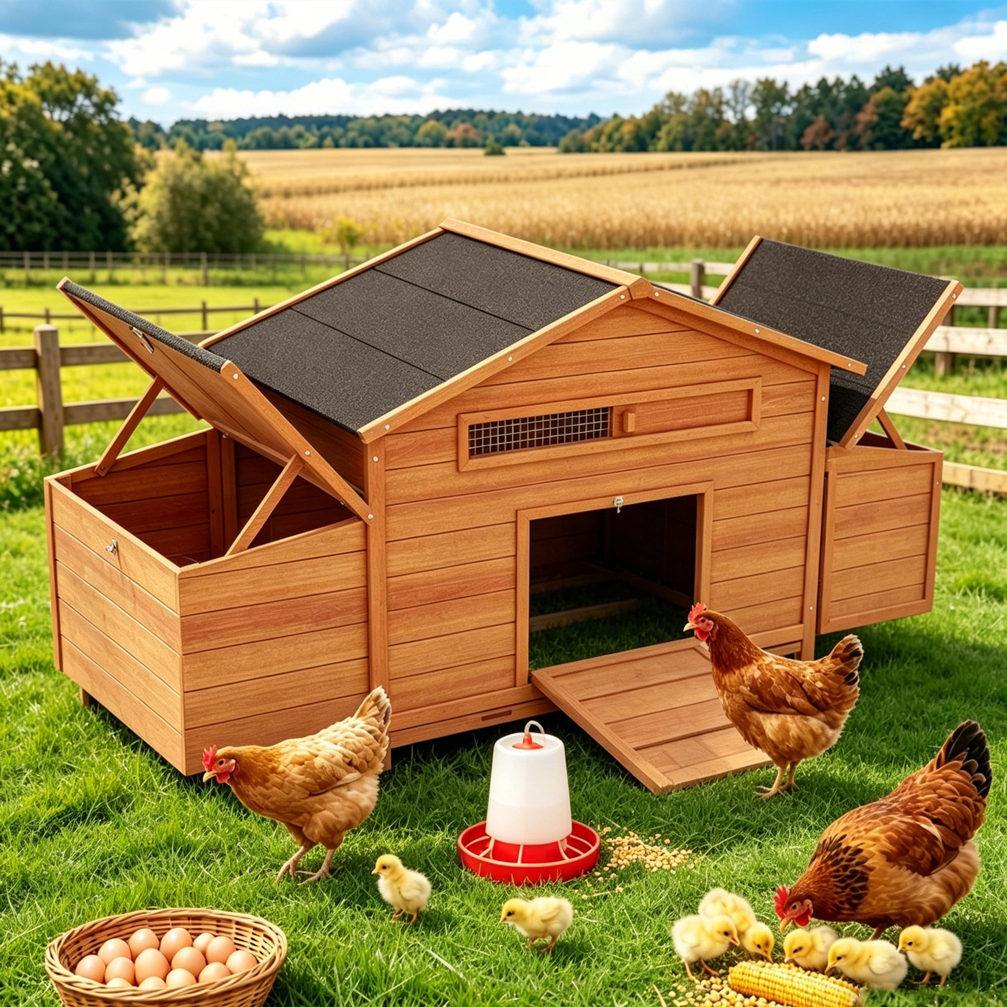 Aukfa 70" Large Chicken Coop Wooden 4 Nesting Boxes Chicken Cage for Outdoor, Backyard, Brown
