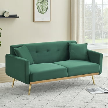 Aukfa 70" Velvet Loveseat Upholstered Deep Seat Arm Couch for Home Office, 2 Pillows, Green