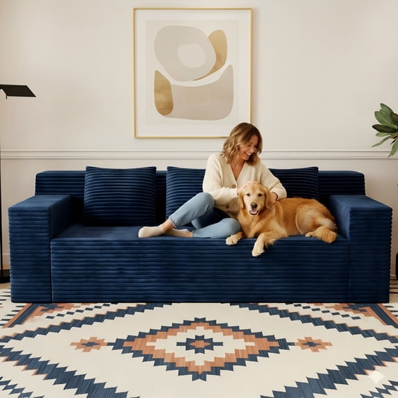 Aukfa 71" 3-Seater Modular Sofa, Corduroy Deep Seat Couch, No Assembly Comfy Sofa for Living Room, Bedroom, Apartment, Blue