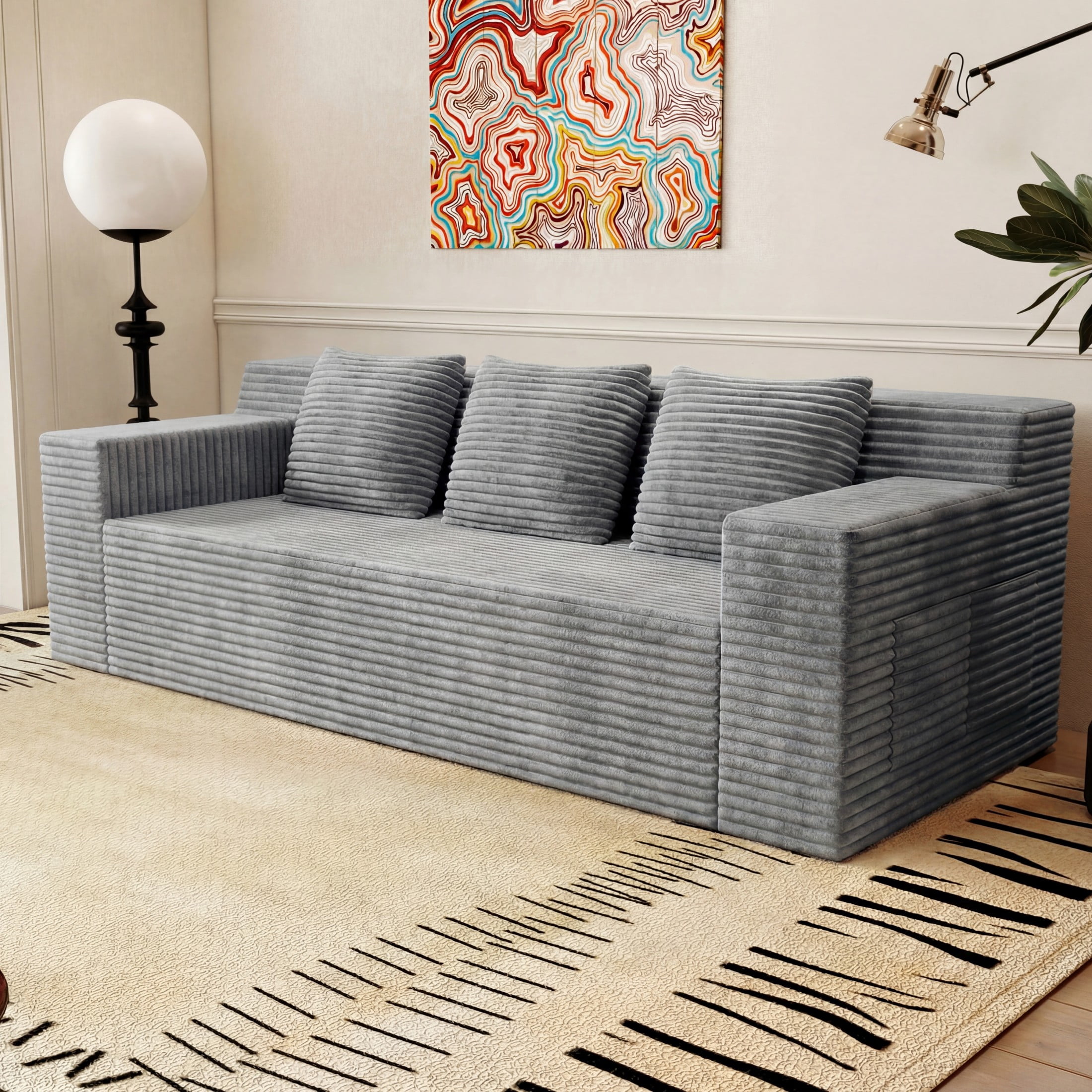 Aukfa 71" 3-Seater Modular Sofa, Corduroy Deep Seat Couch, No Assembly Comfy Sofa for Living Room, Bedroom, Apartment, Light Gray