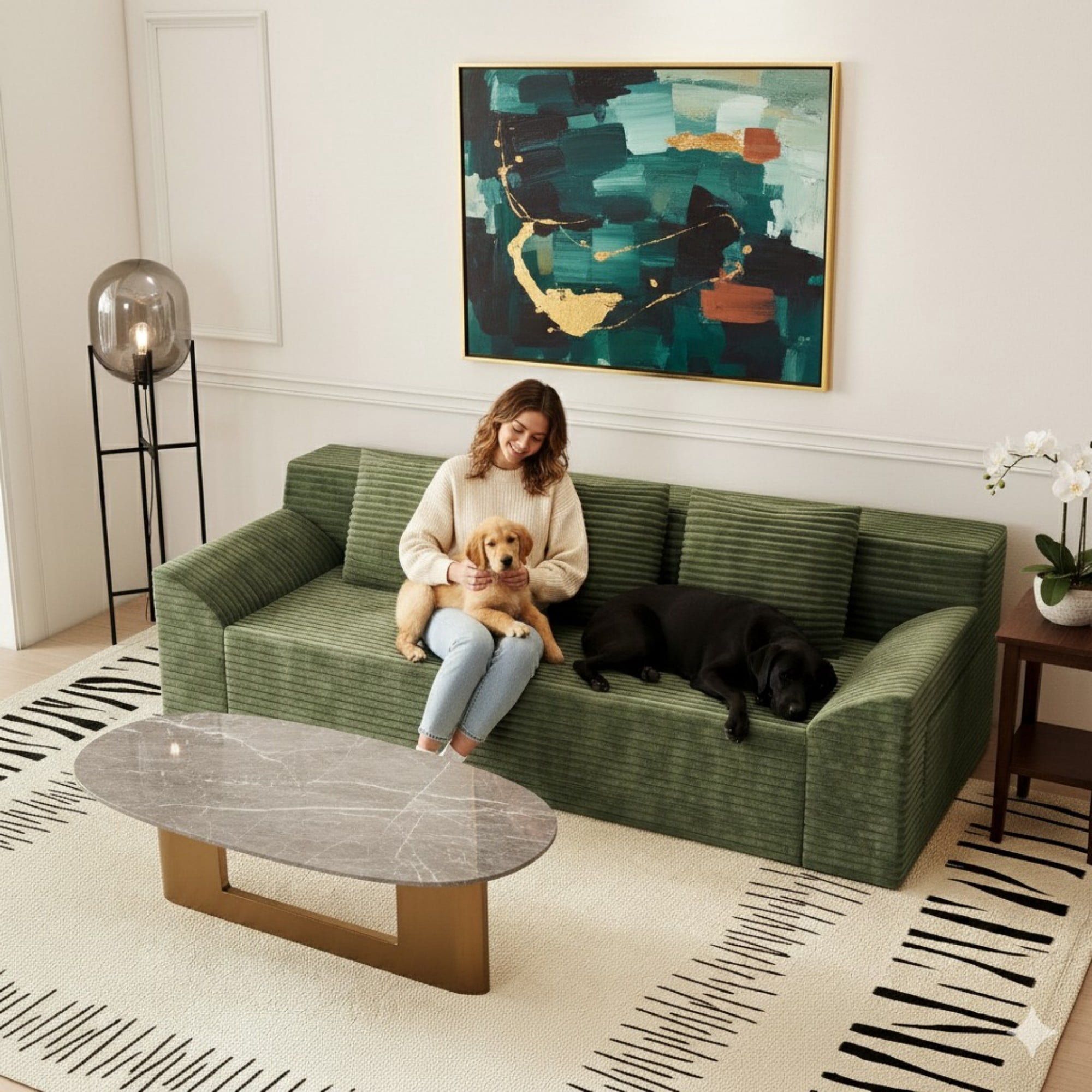 Aukfa 71" 3 Seater Sofa, Corduroy 26" Deep Seat Cloud Couch, No Assembly Boneless Sofa for Living Room, Bedroom, Apartment, Green