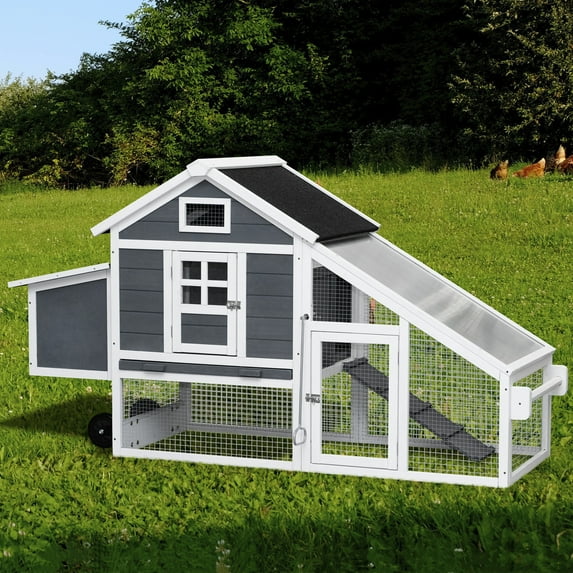 Aukfa 71" Chicken Coop Wooden Poultry Cage with Wheels & Nesting Box for Outdoor, Gray