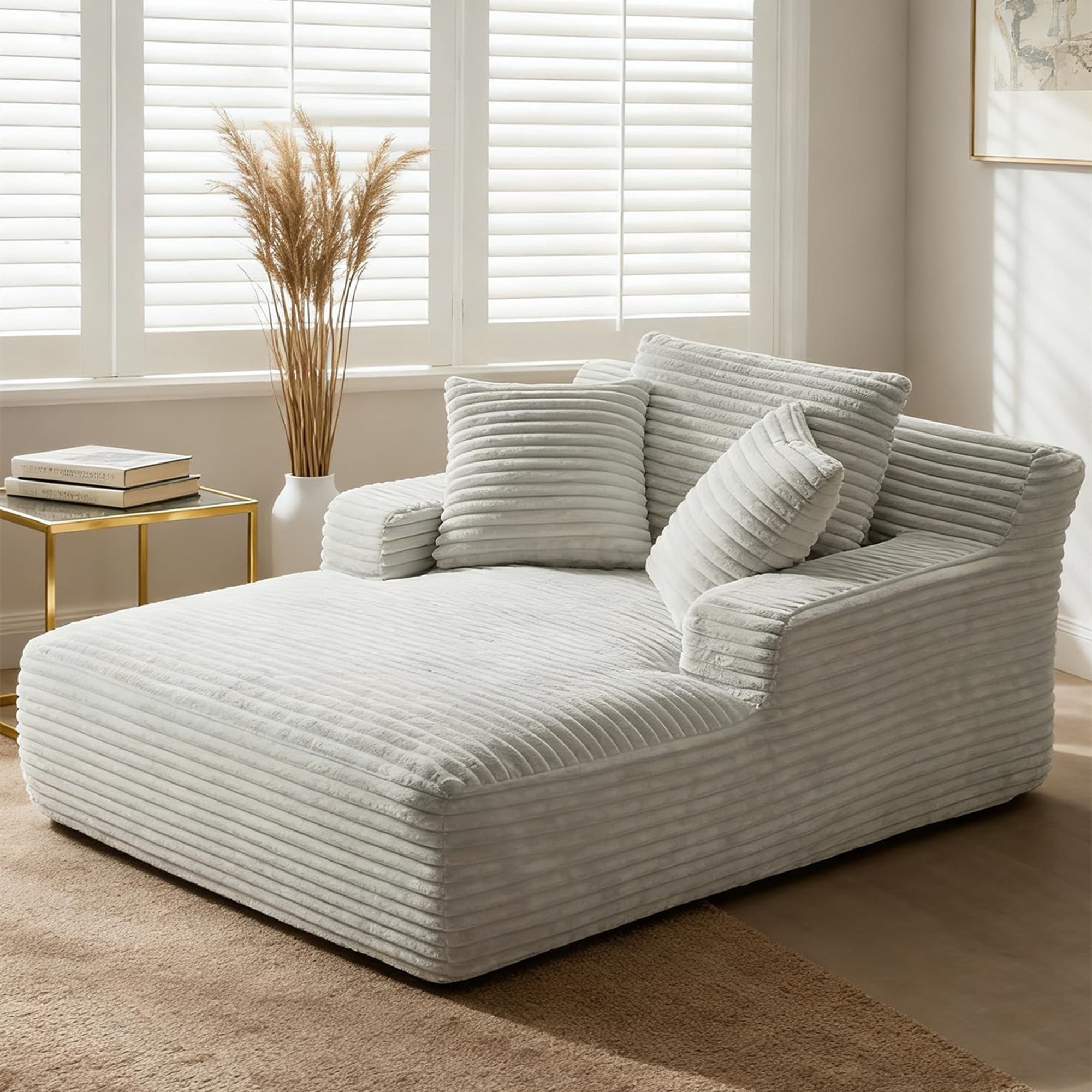 Aukfa 66" Oversized Chaise Lounge Indoor Boneless Couch Plush Sofa Bed for Living Room, 3Pillows, Light Gray