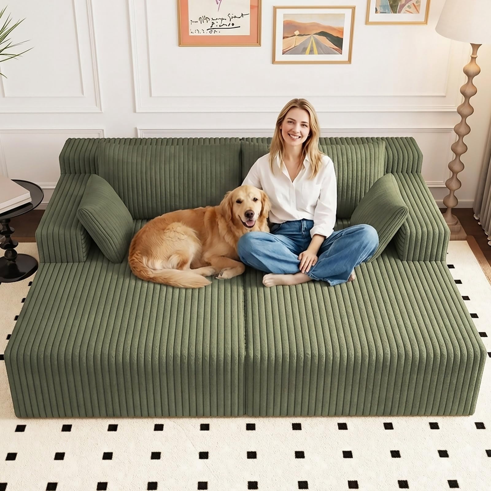 Aukfa 71" Oversized Double Chaise Lounge Indoor, Modular Boneless Cloud Couch Sleeper Loveseat, Deep Seat Corduroy Sofa Bed, No Assembly Required for Living Room Bedroom, Green