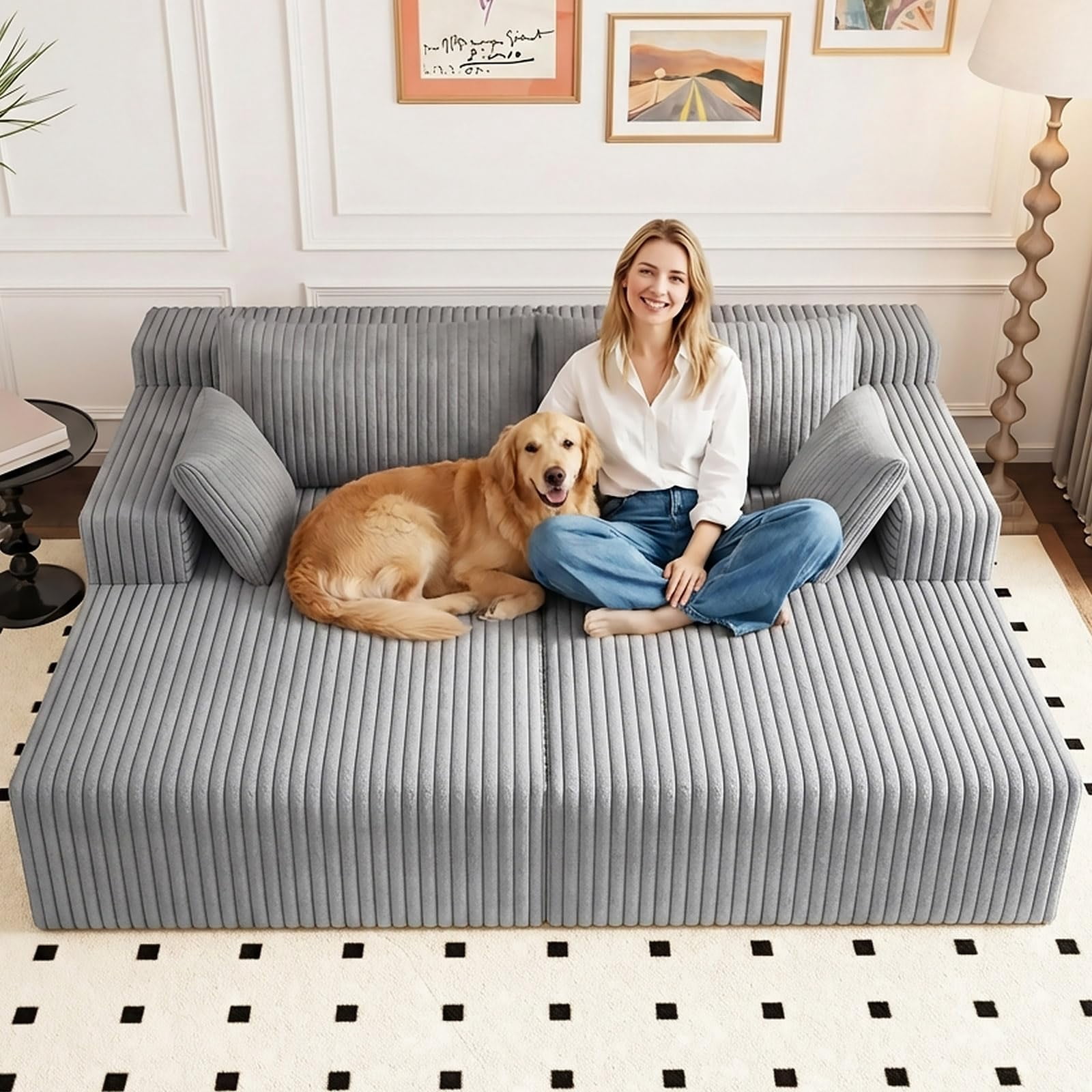 Aukfa 71" Oversized Double Chaise Lounge Indoor, Modular Boneless Cloud Couch Sleeper Loveseat, Deep Seat Corduroy Sofa Bed, No Assembly Required for Living Room Bedroom, Gray