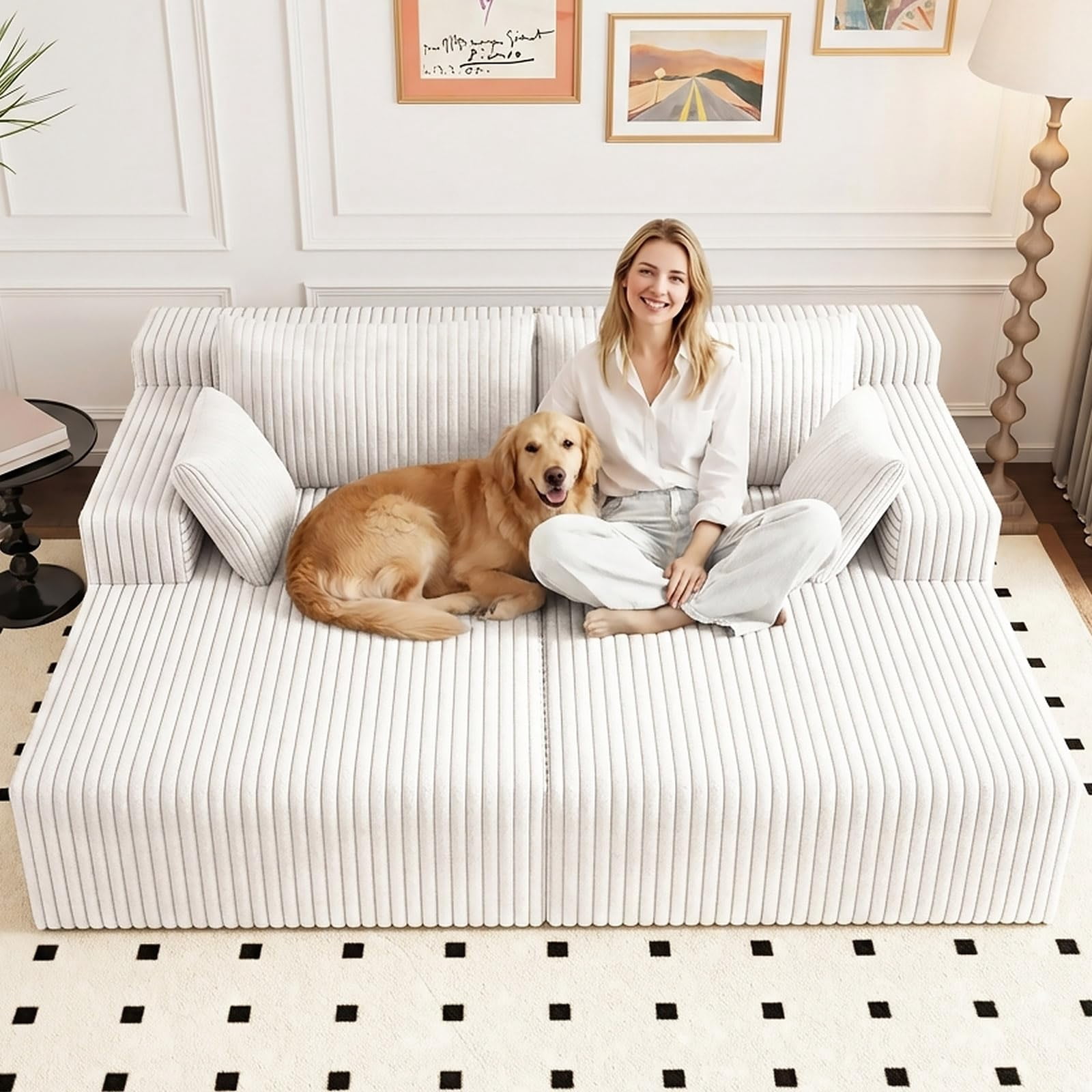 Aukfa 71" Oversized Double Chaise Lounge Indoor, Modular Boneless Cloud Couch Sleeper Loveseat, Deep Seat Corduroy Sofa Bed, No Assembly Required for Living Room Bedroom, Antique White