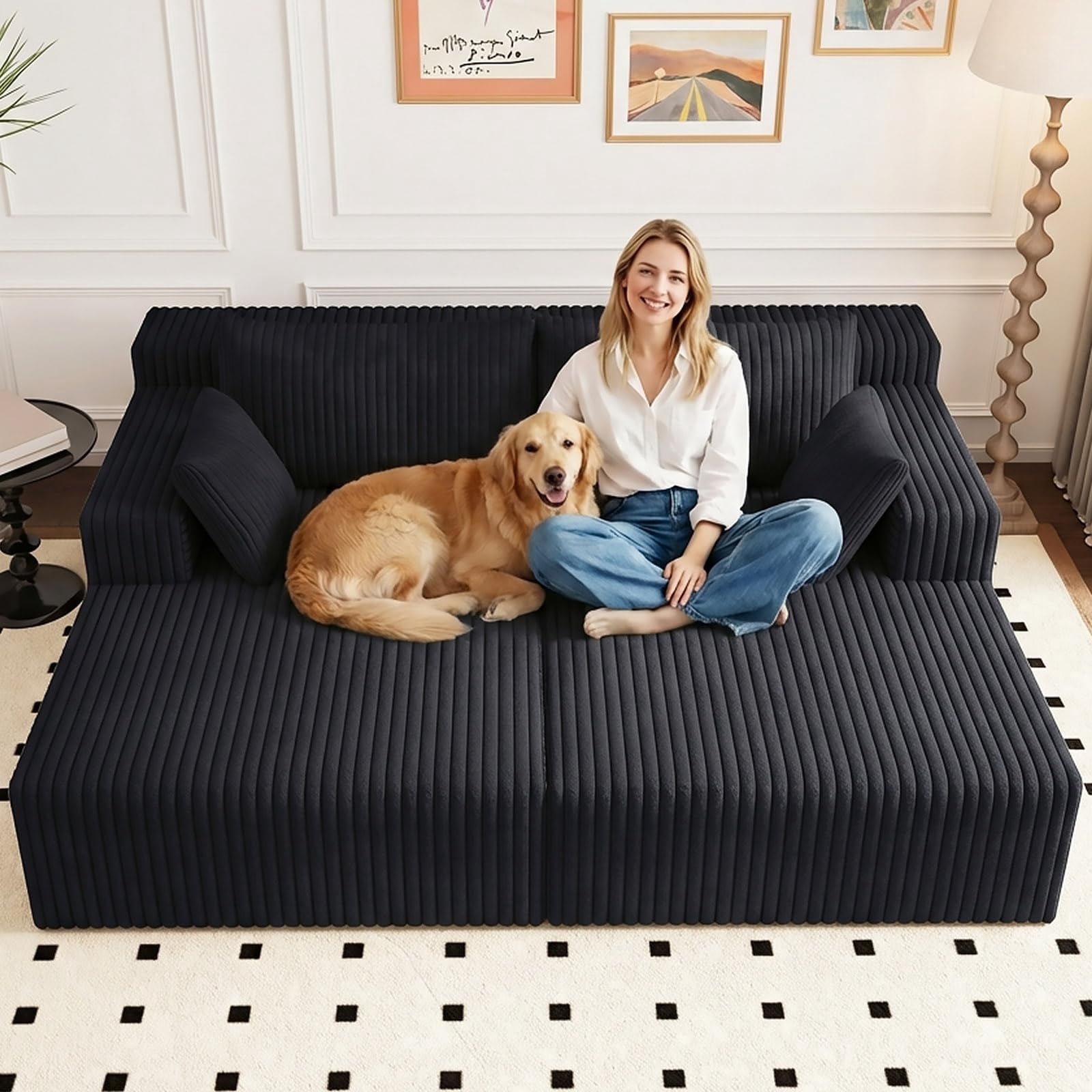 Aukfa 71" Oversized Double Chaise Lounge Indoor, Modular Boneless Cloud Couch Sleeper Loveseat, Deep Seat Corduroy Sofa Bed, No Assembly Required for Living Room Bedroom, Black