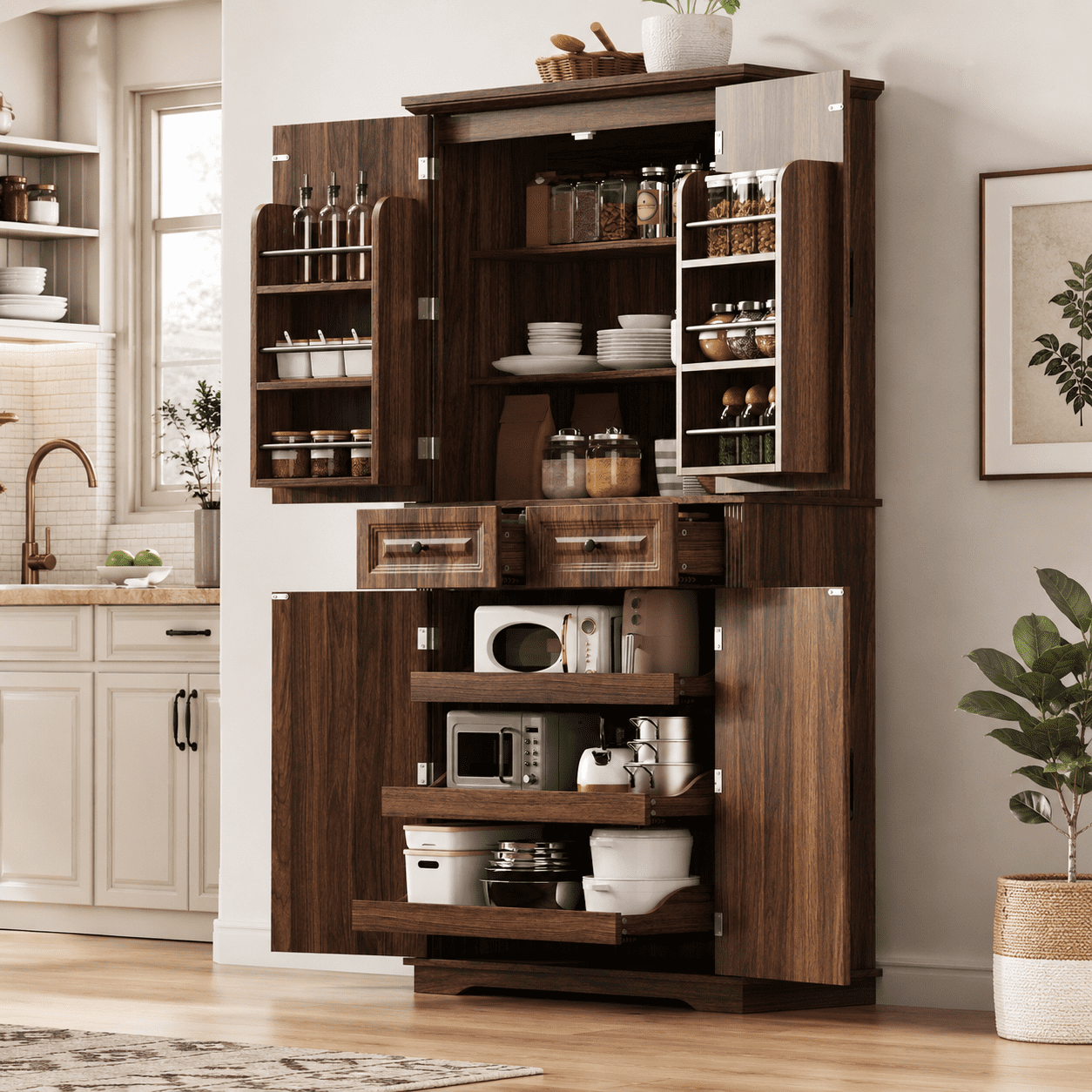 Aukfa 71" Tall Farmhouse Pantry Cabinet with 3 Pull Out Organizers,Kitchen Storage Cabinet with 6 Door Shelves,Walnut