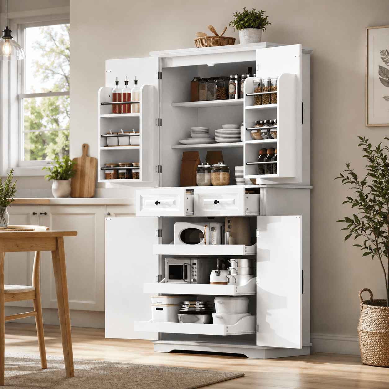 Aukfa 71" Tall Farmhouse Pantry Cabinet with 3 Pull Out Organizers,Kitchen Storage Cabinet with 6 Door Shelves,White