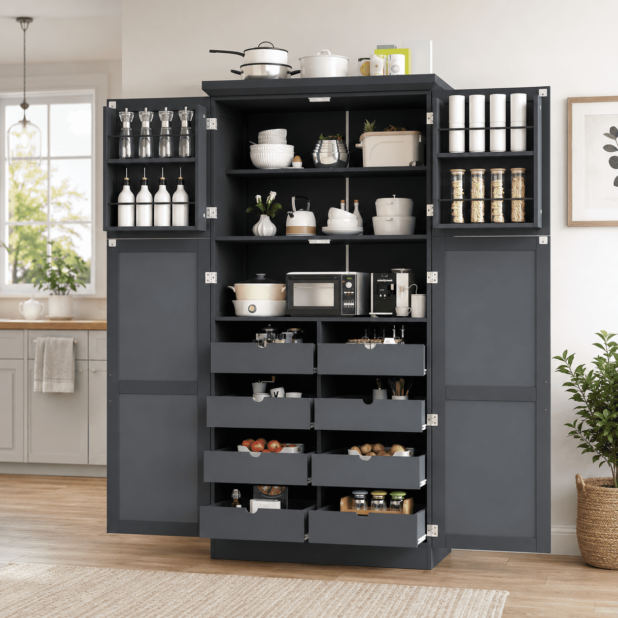 Aukfa 71" Tall Kitchen Pantry Cabinet, 4-Door Freestanding Pantry Hutch Storage Organizer with 8 Pull-Out Trays,Gray