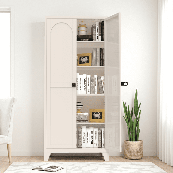 Aukfa 71" Tall Metal Pantry Cabinet,Kitchen Storage Cabinet with Lock & Adjustable Shelves for Kitchen/Dining Room/Living Room, Beige