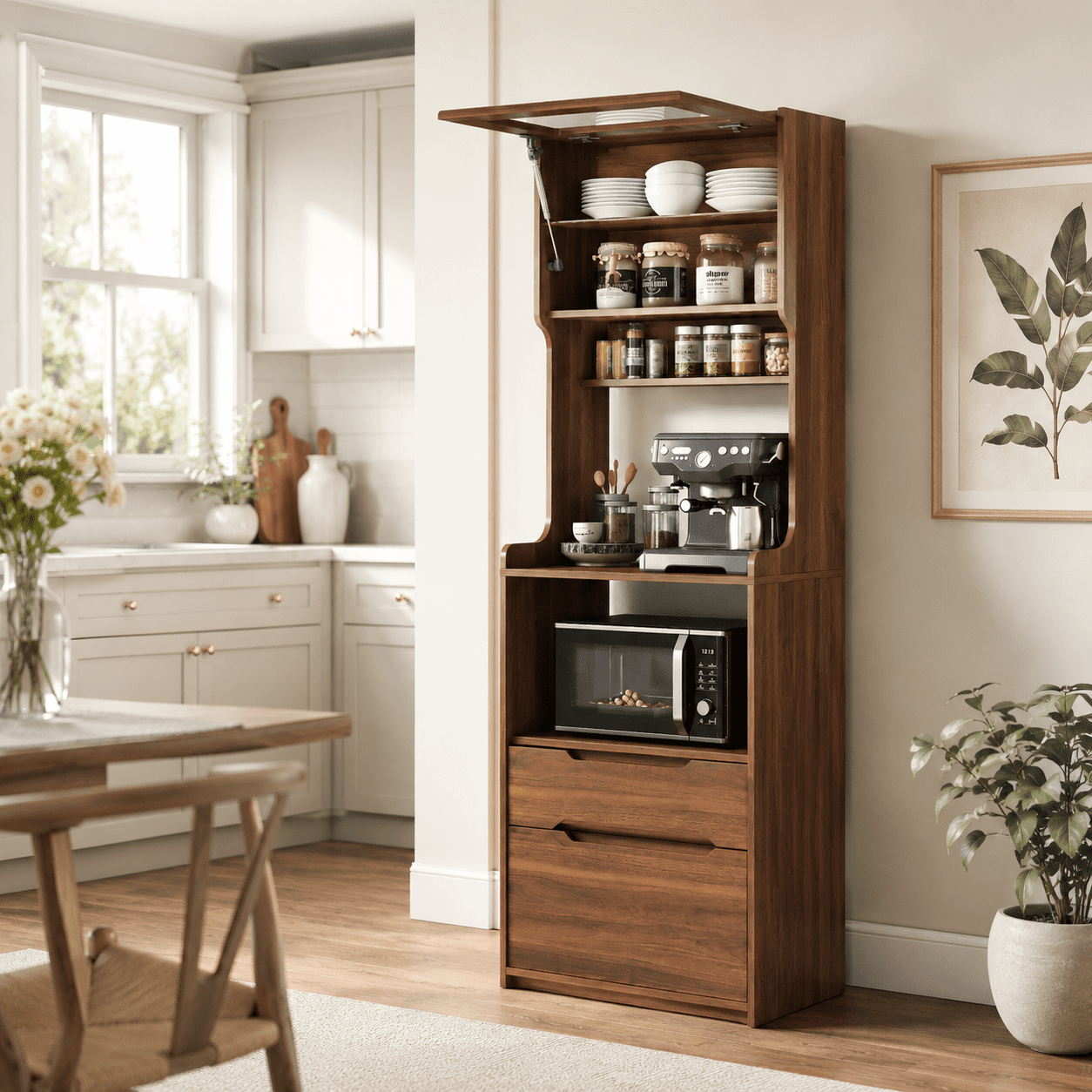 Aukfa 71" Tall Pantry Cabinet with Pull-Out Drawer, Walnut Kitchen Hutch W/Lift-up door Farmhouse Buffet Sideboard