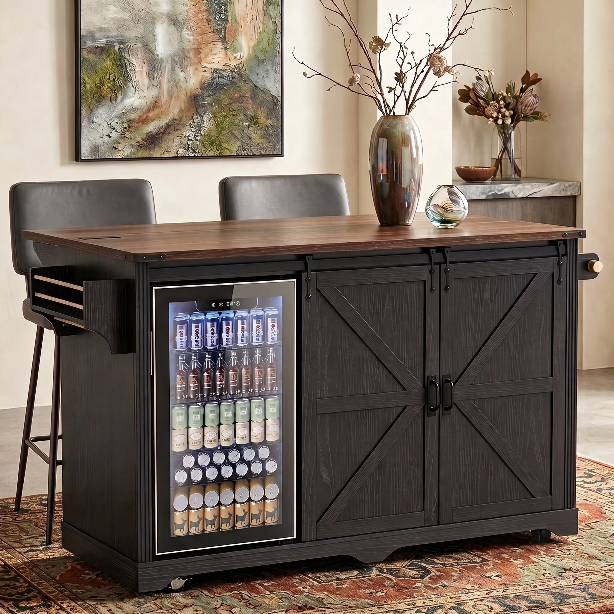 Aukfa 72" Farmhouse Kitchen Island with Fridge Space & Power Outlet, Rolling Storage Cart, Black
