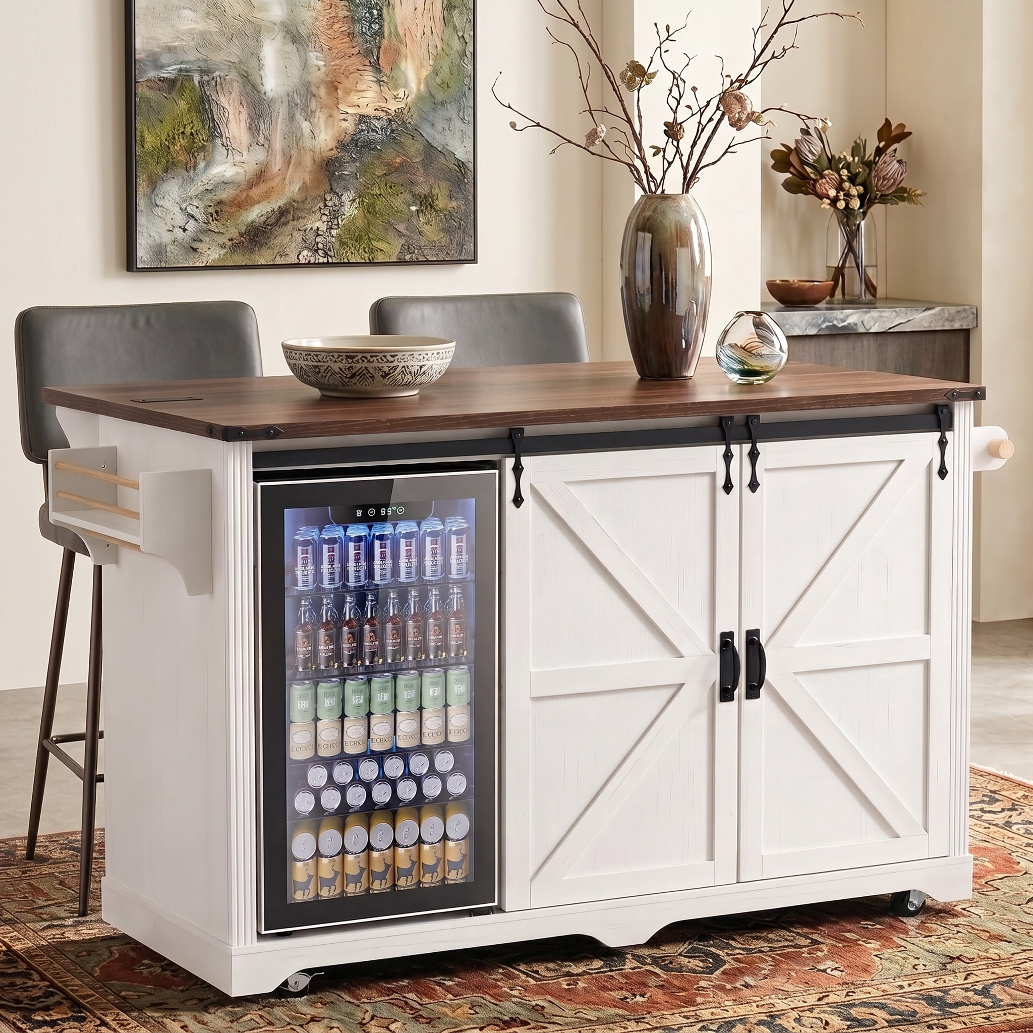 Aukfa 72" Farmhouse Kitchen Island with Fridge Space & Power Outlet, Rolling Storage Cart, White