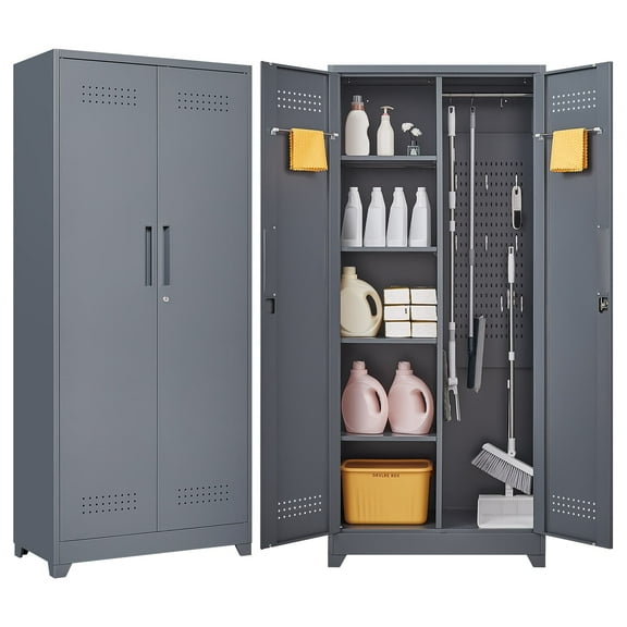 Aukfa 72" Metal Garage Storage Cabinets, Lockable Broom Closet Storage Cabinet with Shelves for Basement/Office/Laundry Room, Gray