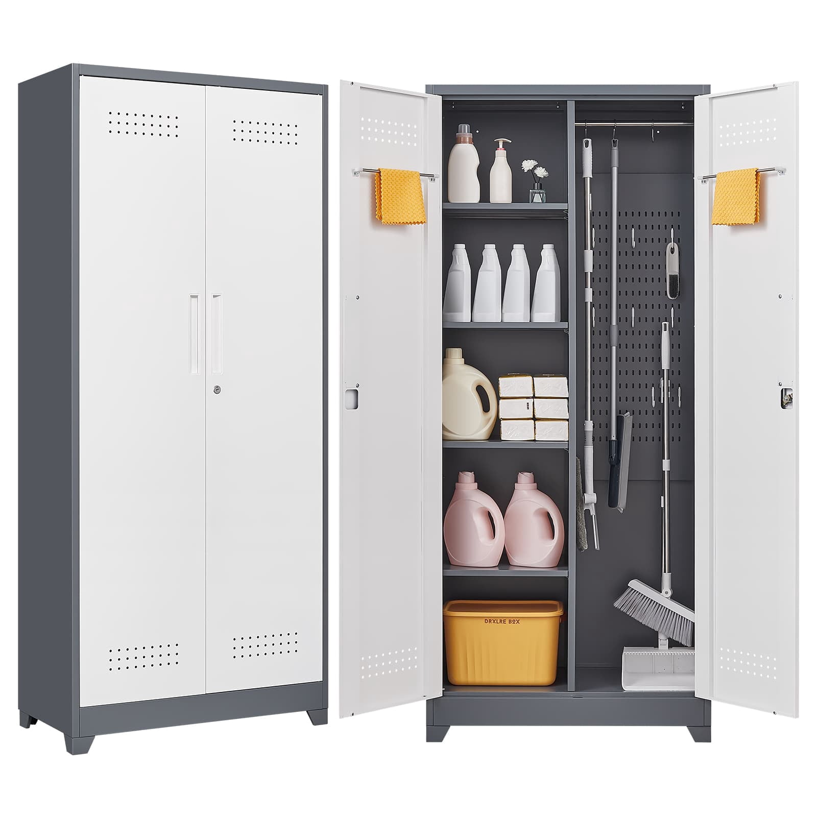 Aukfa 72" Metal Garage Storage Cabinets, Lockable Broom Closet Storage Cabinet with Shelves for Basement/Office/Laundry Room, White