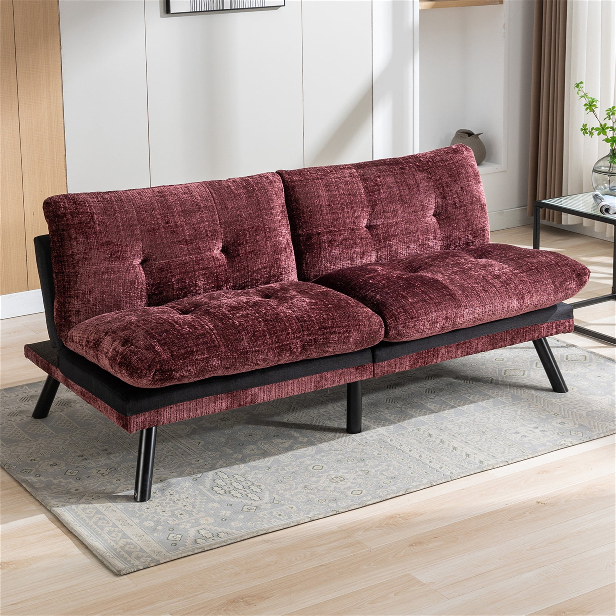 Aukfa 72" Wide Upholstered Futon Convertible Sofa Bed for Home Office, Split Back, Chenille, Red