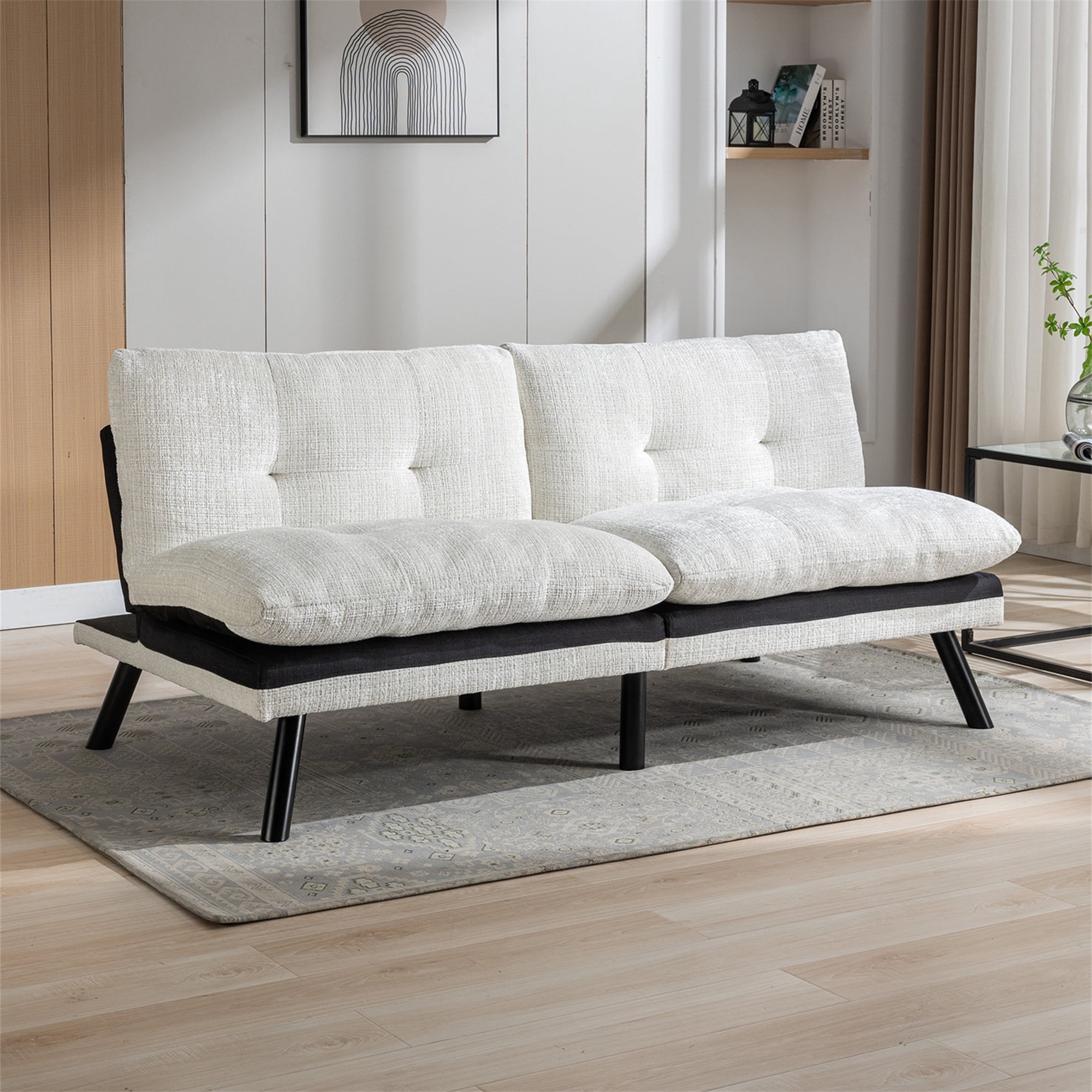 Aukfa 72" Wide Upholstered Futon Convertible Sofa Bed for Home Office, Split Back, Chenille, White