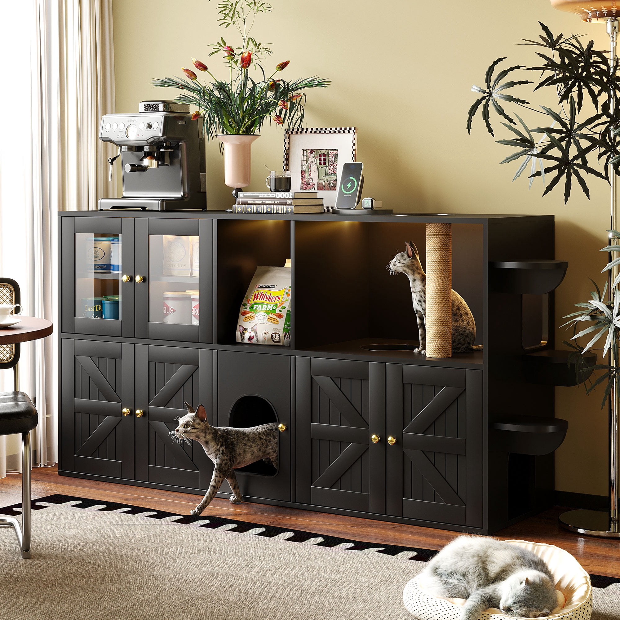 Aukfa 73.2" Cat Litter Box Enclosure TV Stand Furniture with Built-in Scratching Post & LED,Black
