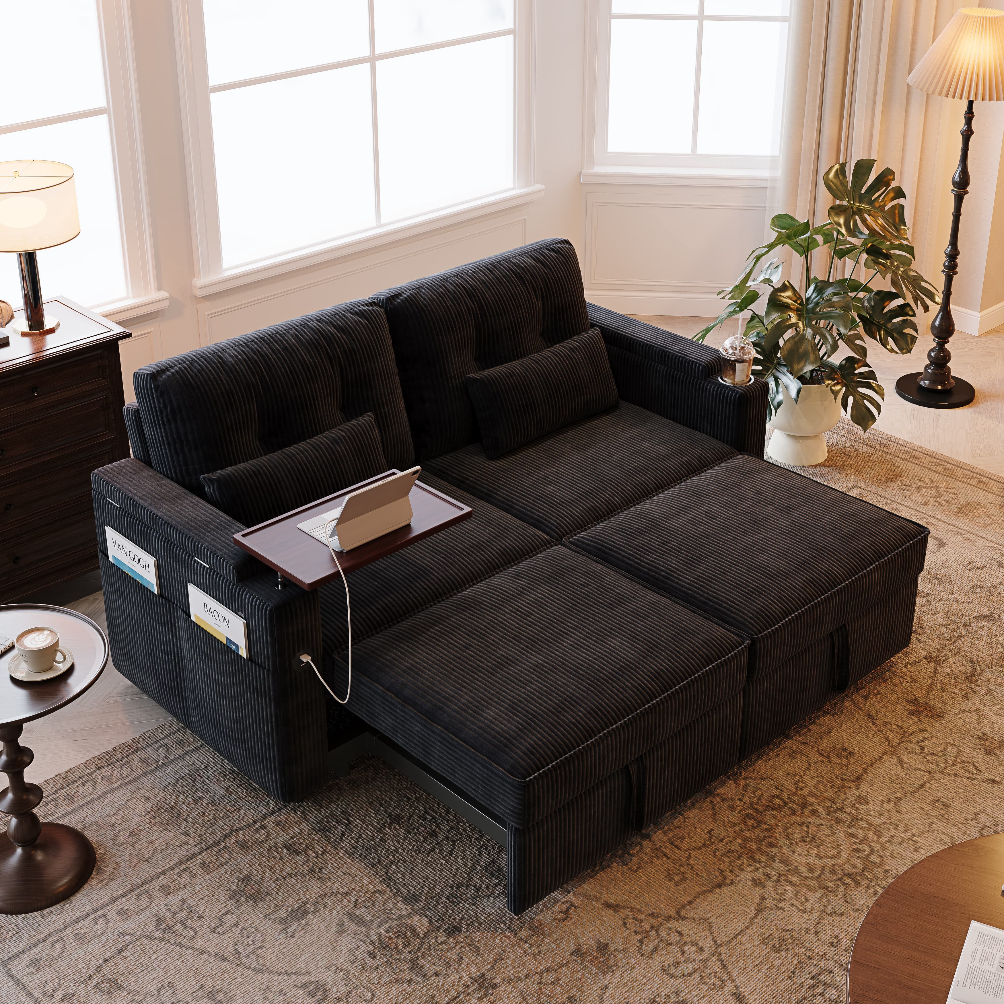 Aukfa 73" 3-in-1 Convertible Sleeper Sofa Bed, Corduroy Pull-Out Couch with 360° Swivel Side Table, USB Ports & Storage Armrests, Oversized Queen, Black