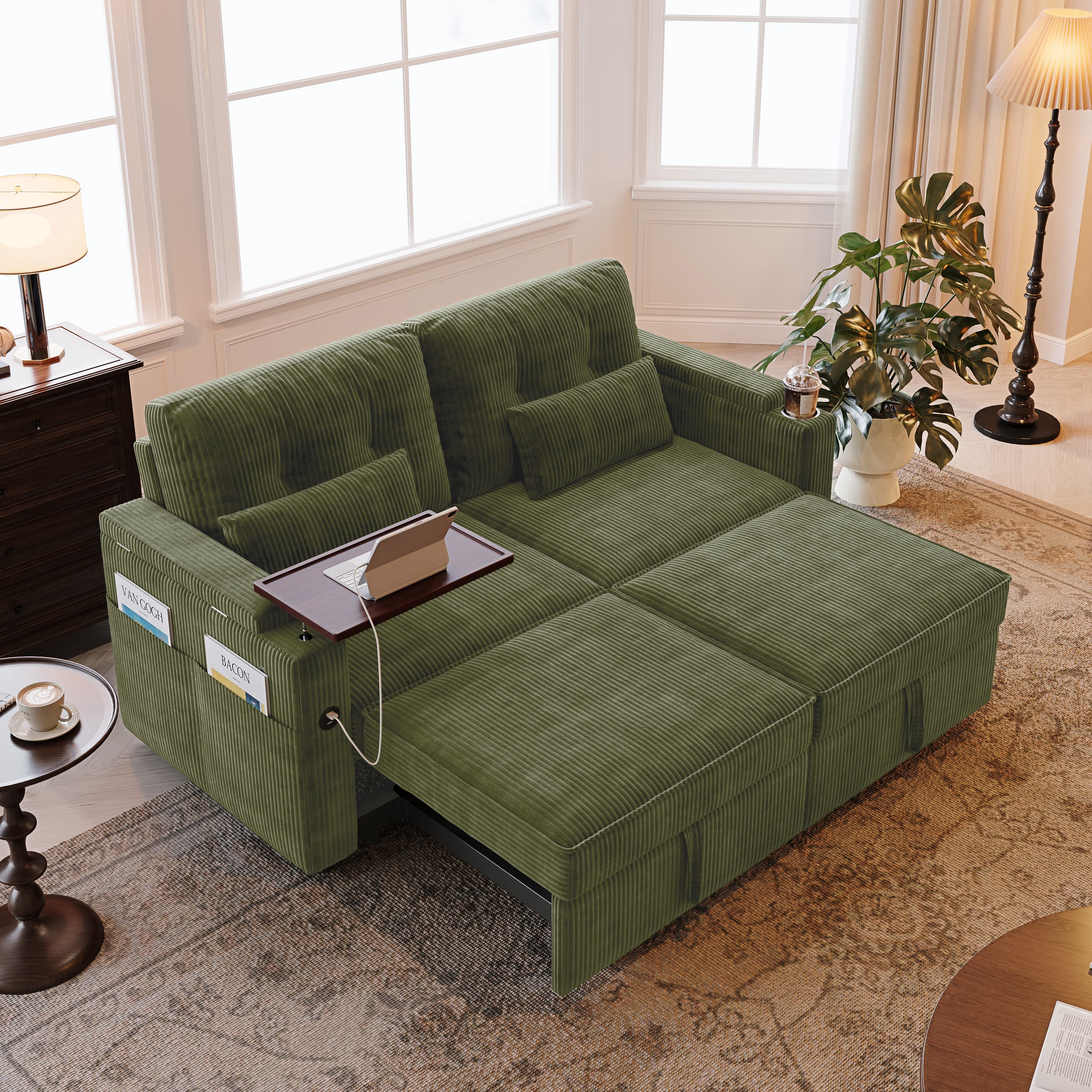 Aukfa 73" 3-in-1 Convertible Sleeper Sofa Bed, Corduroy Pull-Out Couch with 360° Swivel Side Table, USB Ports & Storage Armrests, Oversized Queen, Green