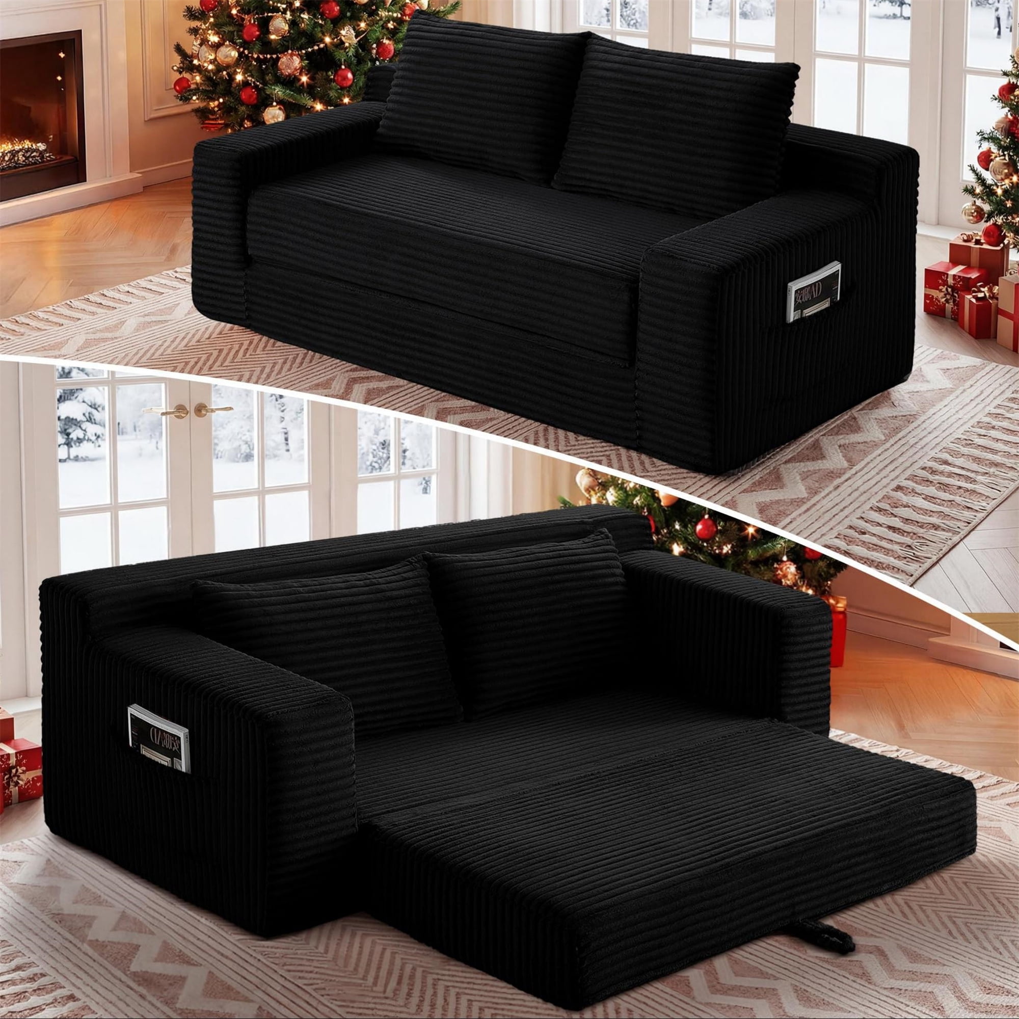 Aukfa 73" Chaise Futon Convertible Sofa Bed Boneless Couch, 2 Pillows&Side Pockets, Queen Size, Corduroy, Black