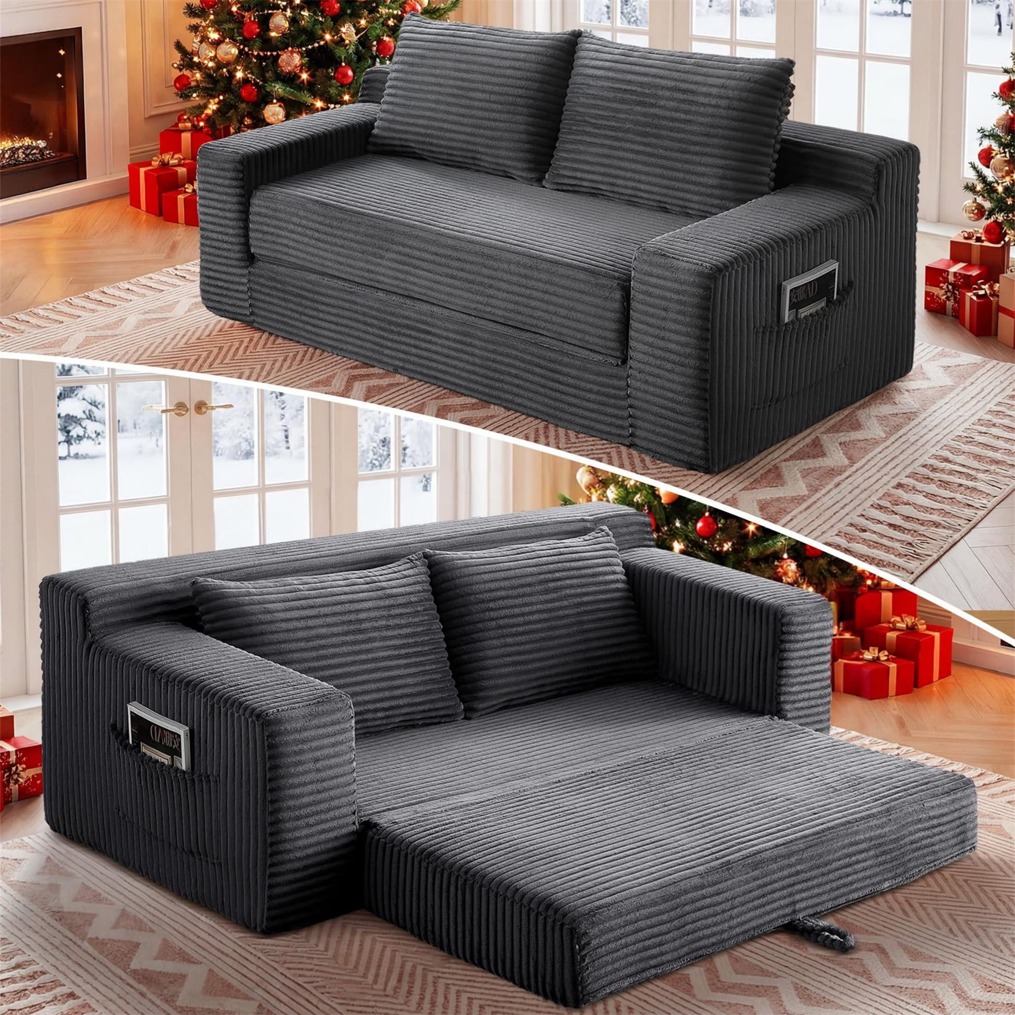 Aukfa 73" Chaise Futon Convertible Sofa Bed Boneless Couch, 2 Pillows&Side Pockets, Queen Size, Corduroy, Gray
