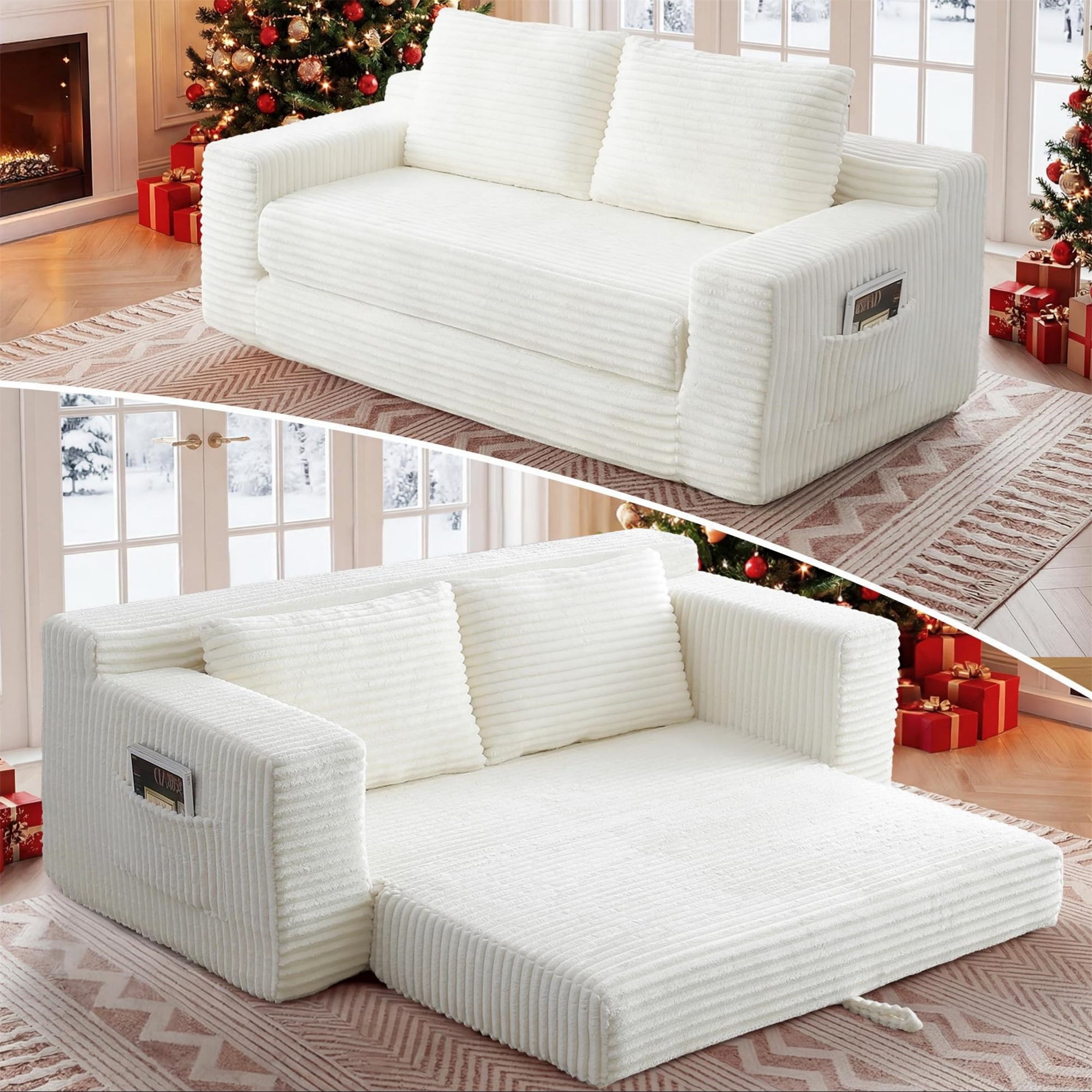 Aukfa 73" Chaise Futon Convertible Sofa Bed Boneless Couch, 2 Pillows&Side Pockets, Queen Size, Corduroy, White