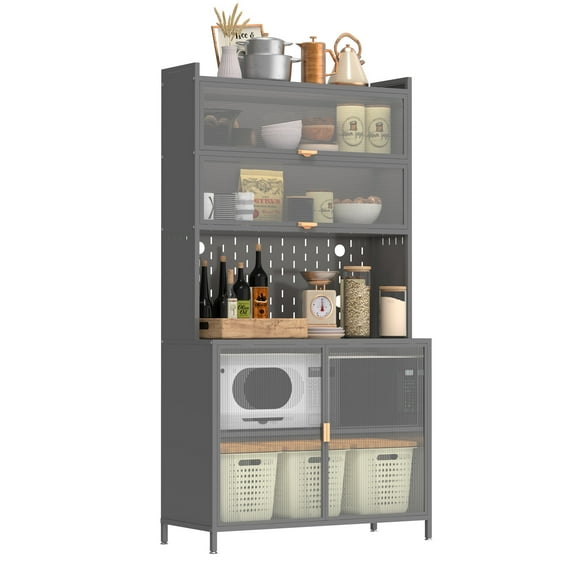 Aukfa 73" Kitchen Pantry Cabinet, Tall Cabinet with Flip Door, Metal Storage Cabinet for Dining Room, Living Room,Gray