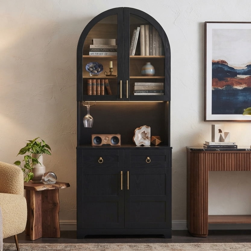 Aukfa 73" Tall Arched Kitchen Pantry, Accent Storage Cabinet with 3 Glass Doors & Door Shelves, Farmhouse Cupboard, Black