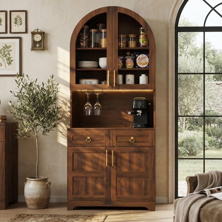 Aukfa 73" Tall Arched Kitchen Pantry, Accent Storage Cabinet with 3 Glass Doors & Door Shelves, Farmhouse Cupboard, Walnut