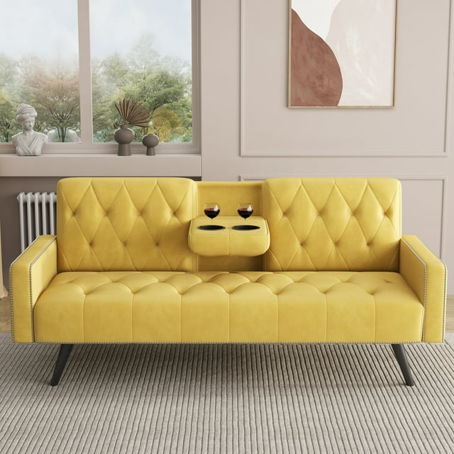 Aukfa Velvet Futon Convertible Sofa Bed for Home Office, 2 Cup Holders, Nailhead Detail, Yellow
