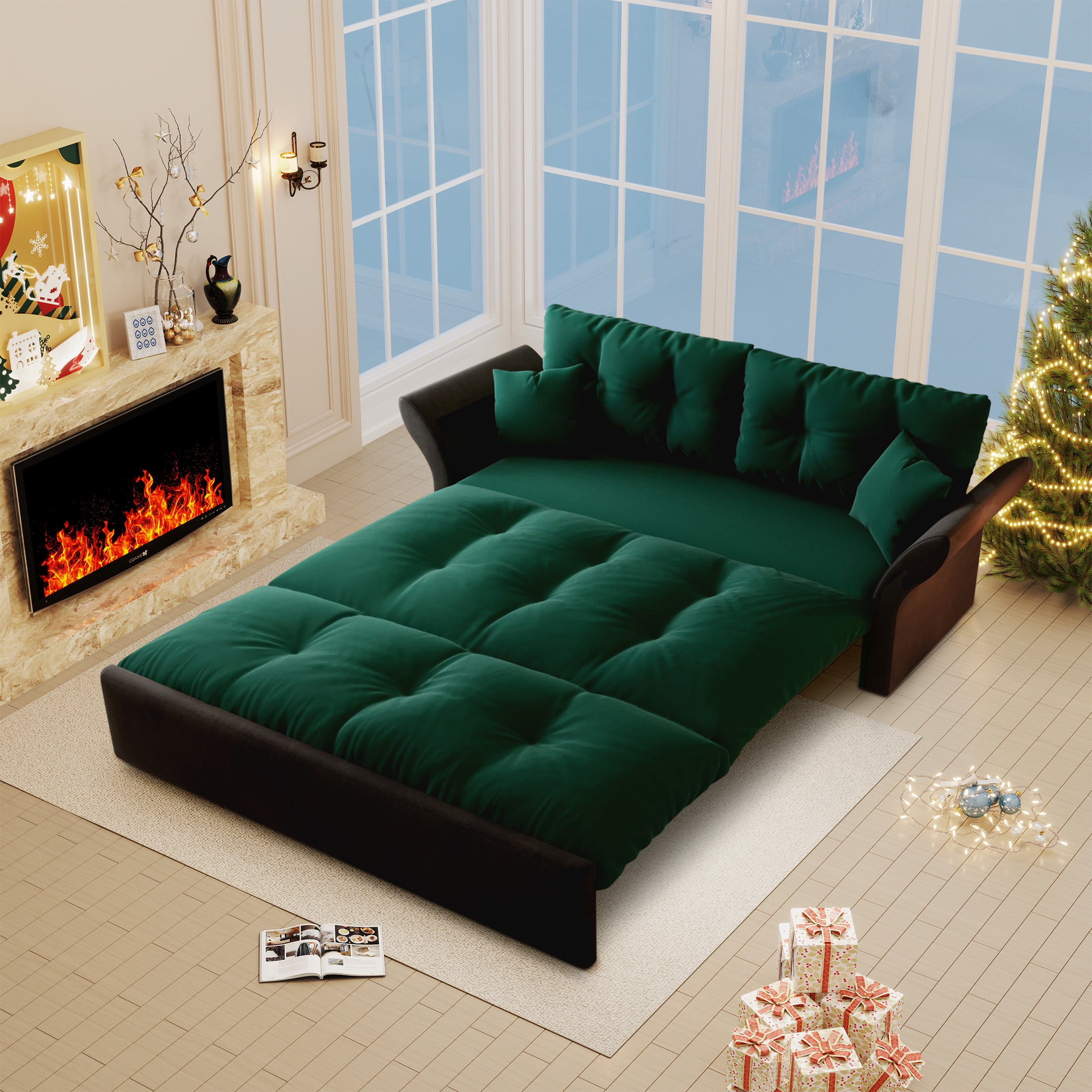 Aukfa 74.8" Queen Pull Out Sofa Bed, Convertible Loveseat Sleeper Sofa Couch with 2 Pillows, Tufted, Green