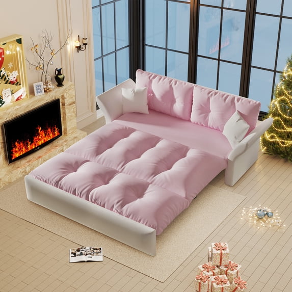 Aukfa 74.8" Queen Pull Out Sofa Bed, Convertible Loveseat Sleeper Sofa Couch with 2 Pillows, Tufted, Pink