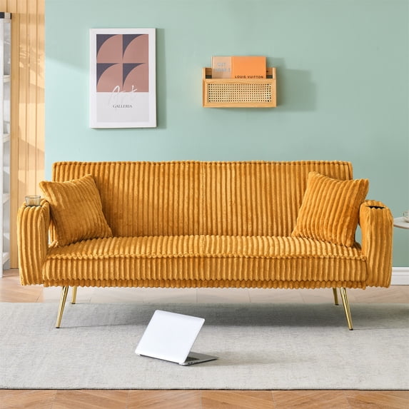 Aukfa 74" Corduroy Futon Convertible Sofa Bed, 2 Pillows& Cup Holders, Straight-line Tufted, Mustand