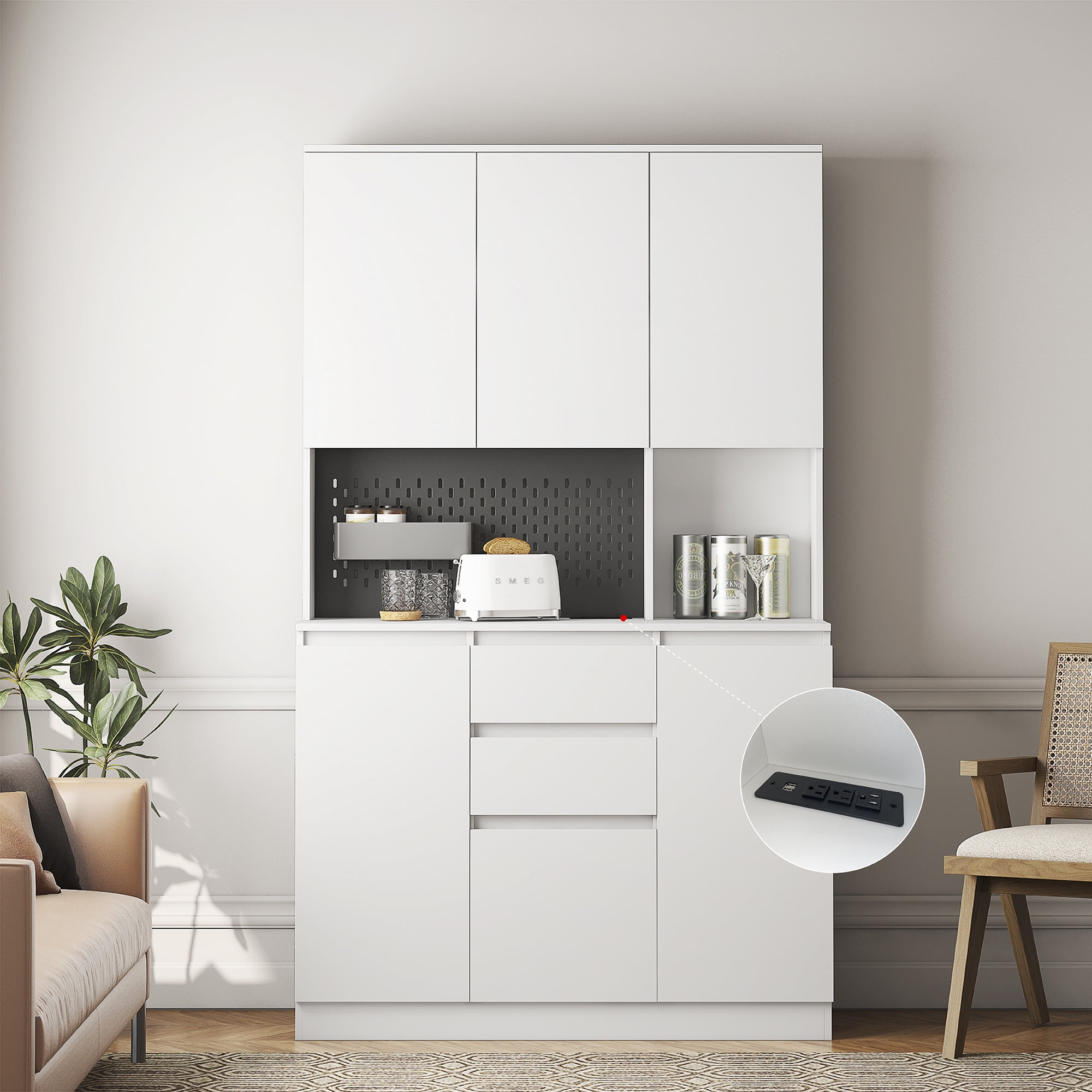 Aukfa 74" Freestanding Kitchen Pantry Cabinet，Freestanding Hutch with Power Outlet - White