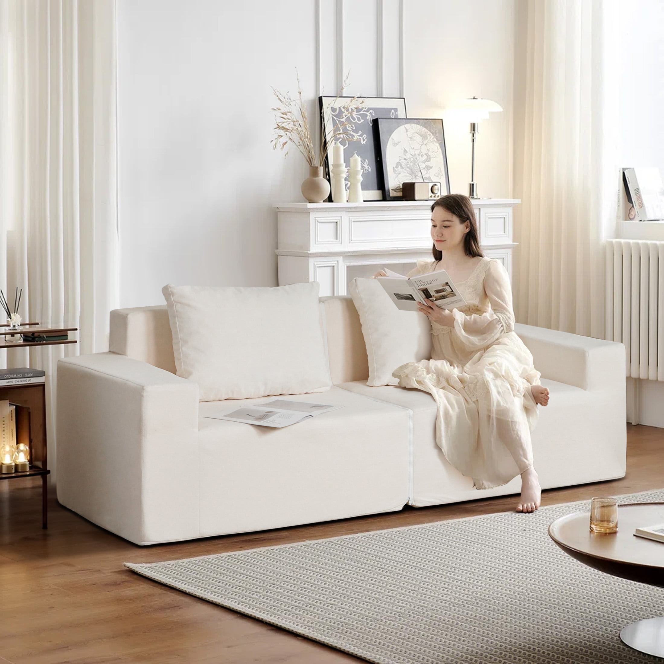 Aukfa 74" Sponge Loveseat Sofa, 2pcs Modular Sofa Chair with 2 Pillows, Assemble Free, White