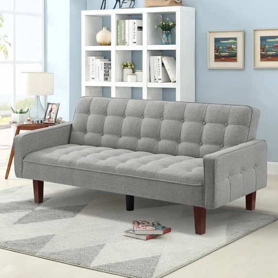 Aukfa 74" Square Arm Futon Convertible Sofa Bed for Home Office, Button-Tufted Back, Gray