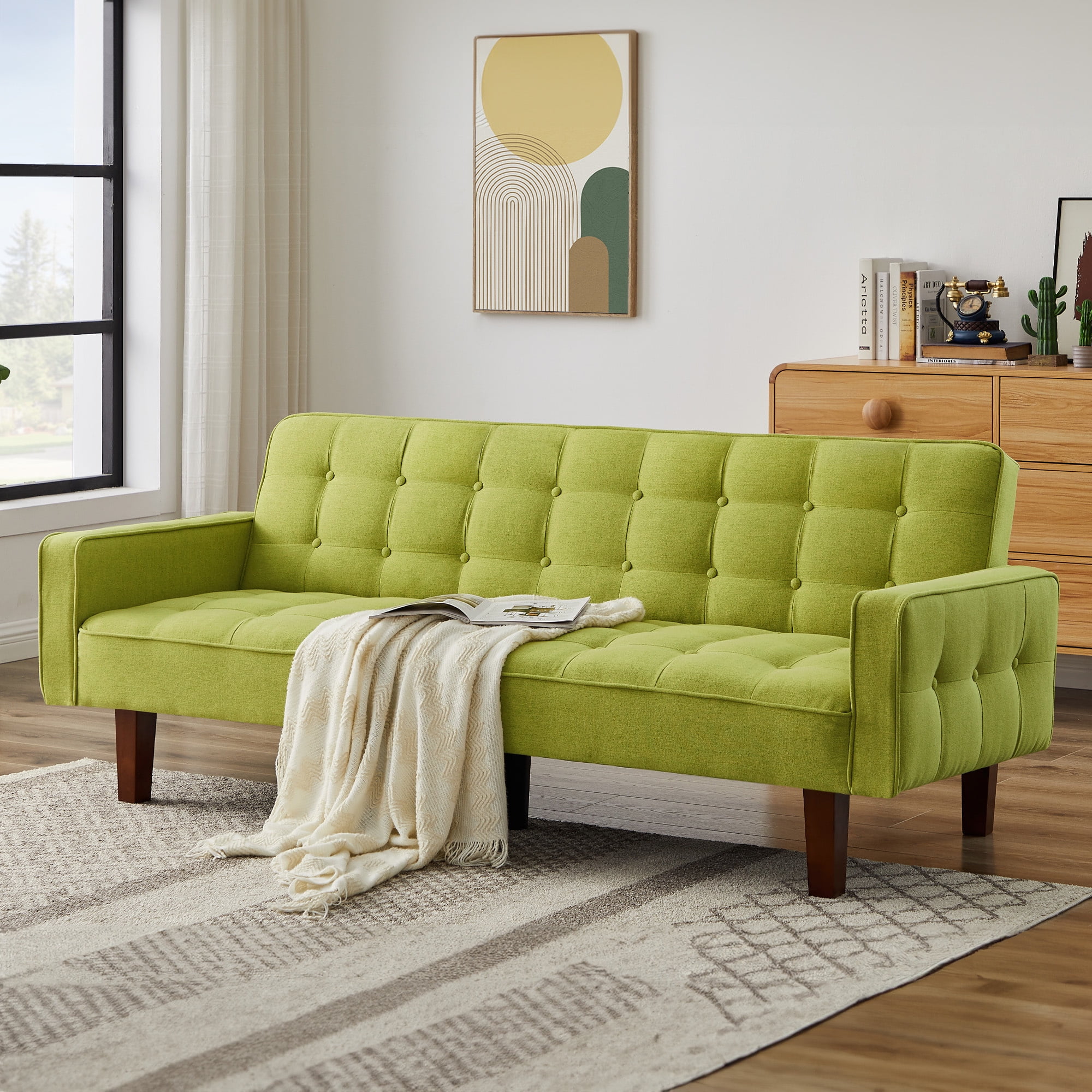 Aukfa AK FF01 Series Convertible Futon Sofa Bed with Wooden Frame Fabric Upholstery for Home Office Light Green