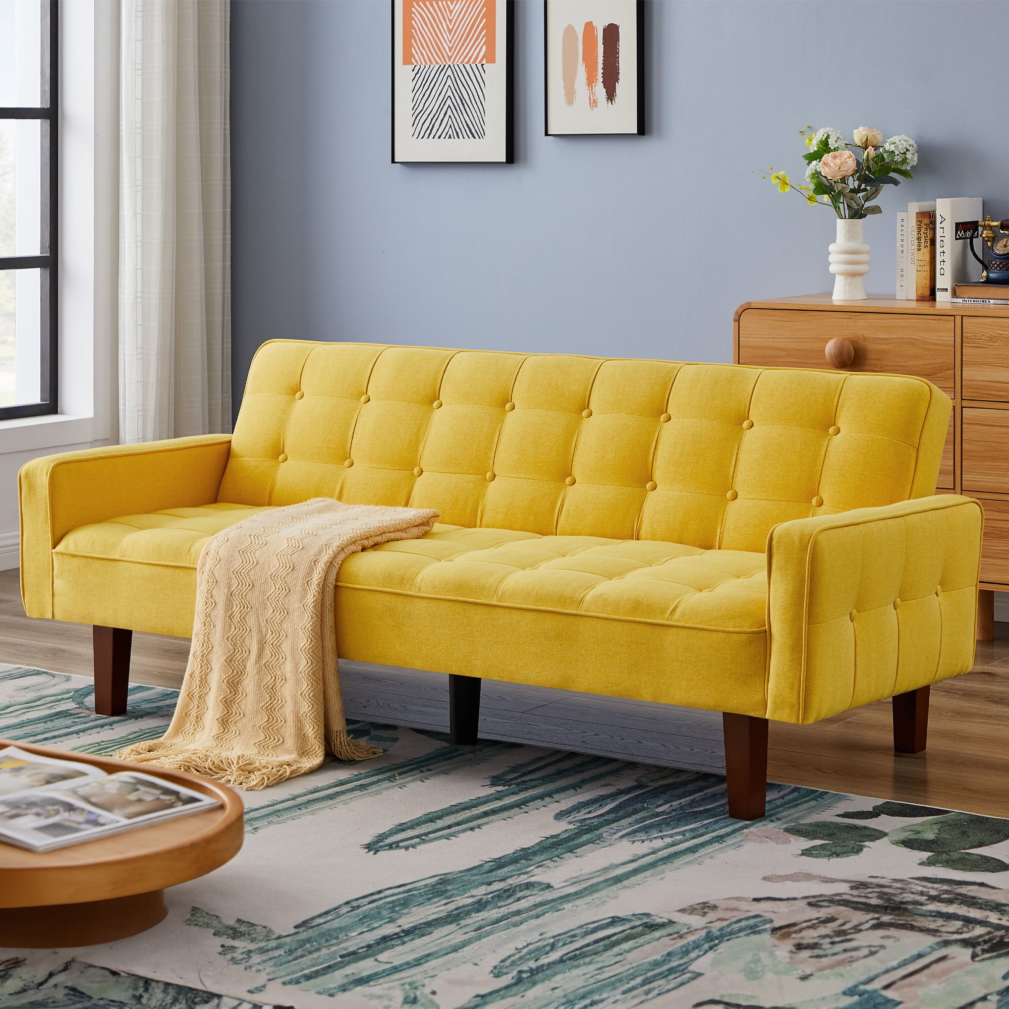 Aukfa AK FF01 Series Solid Wood Frame Convertible Futon Sofa Bed for Home Office Button Tufted Back Yellow