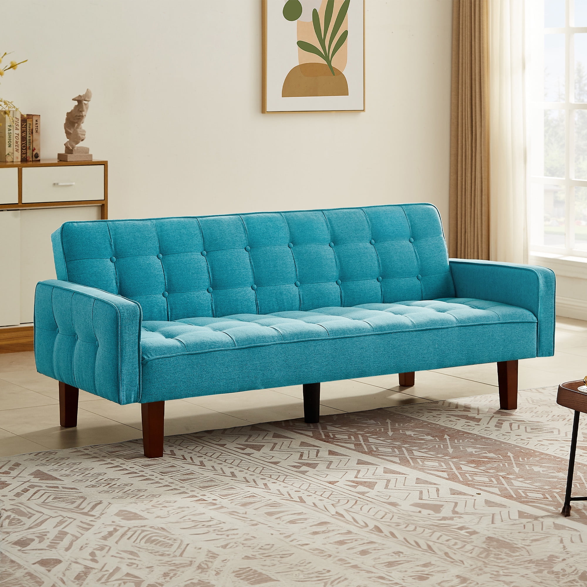 Aukfa 74" Tufted Futon Convertible Sofa Bed, Upholstered Arm Couch for Home Office, Blue
