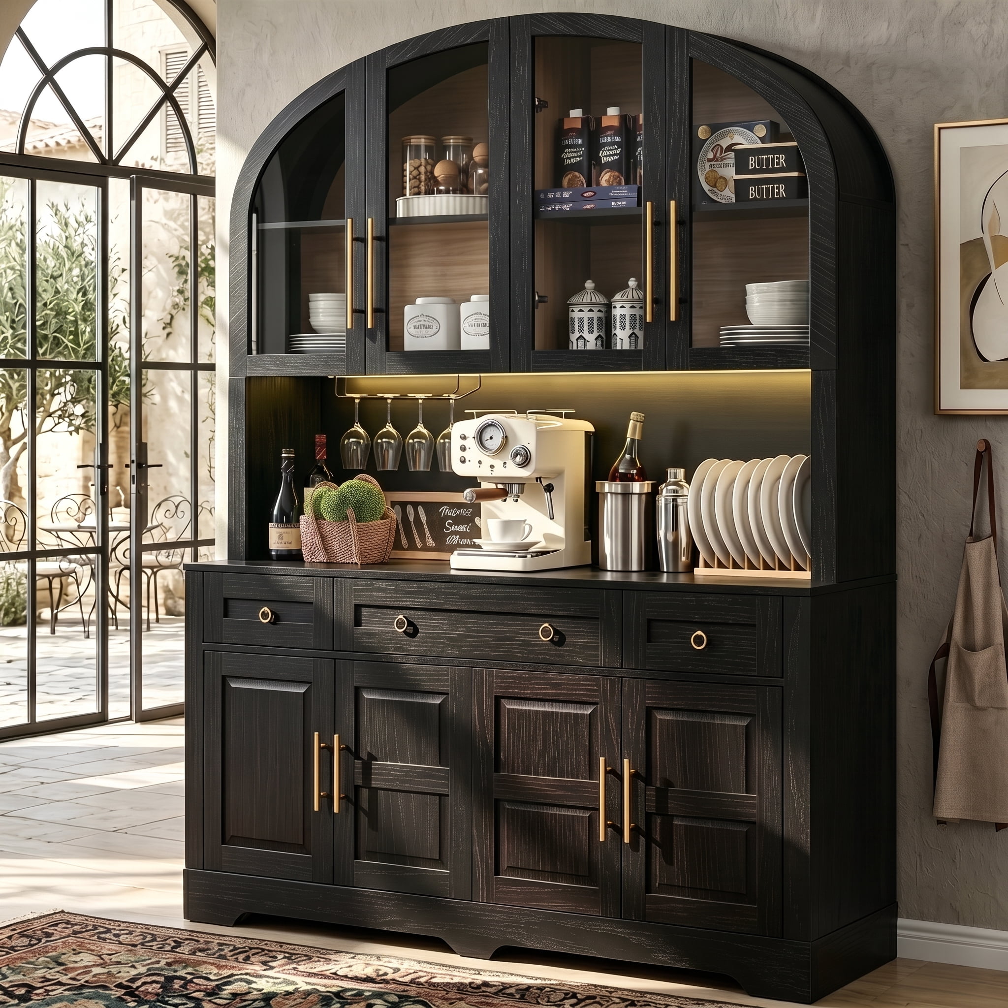 Aukfa 75.6"H Large Tall Kitchen Pantry Cabinet with Hutch, Arched Glass Doors, Built-In Charging Station & Smart LED Light,Black