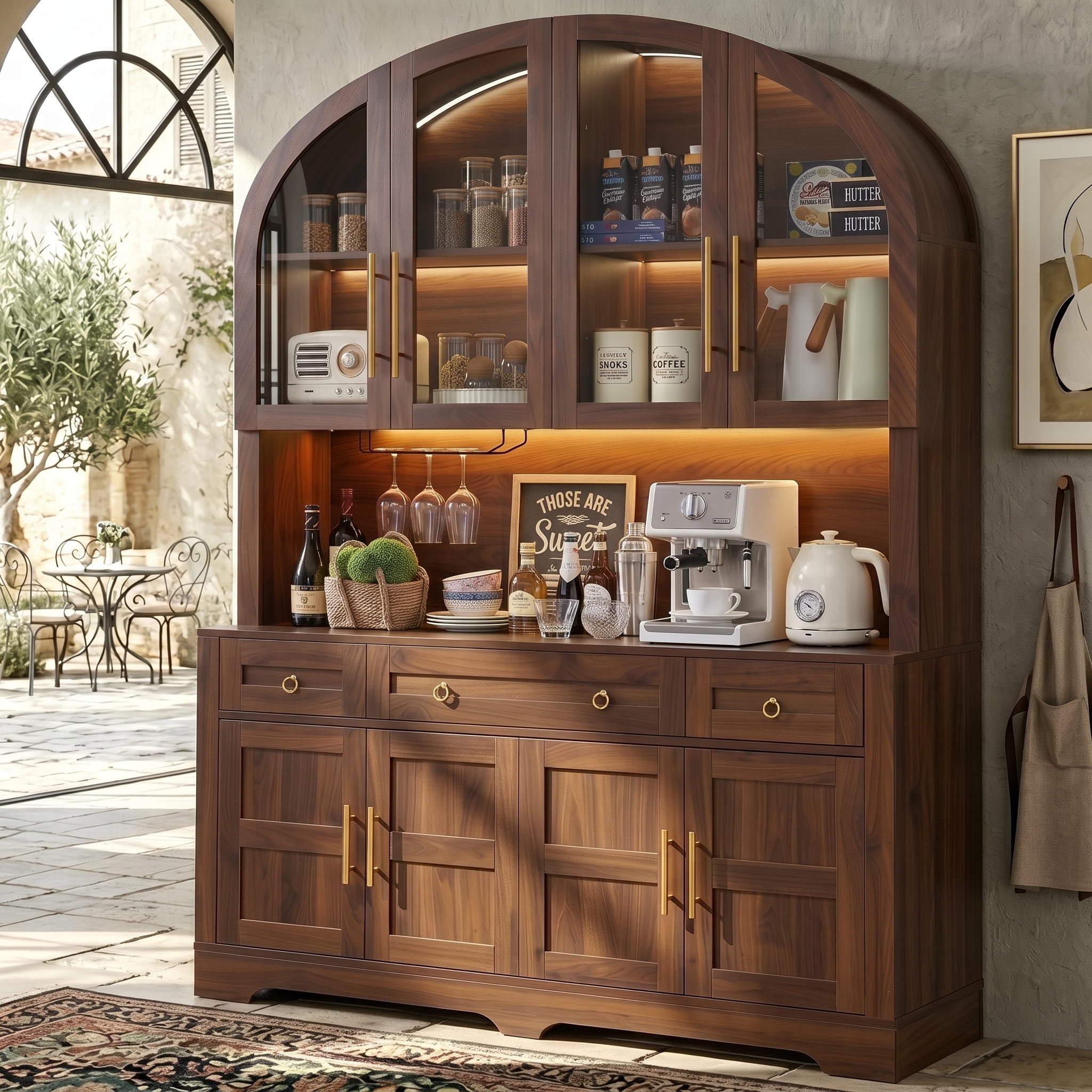 Aukfa 75.6" Large Tall Kitchen Pantry Cabinet with Hutch, Arched Glass Doors, Built-In Charging Station & Smart LED Light,Walnut
