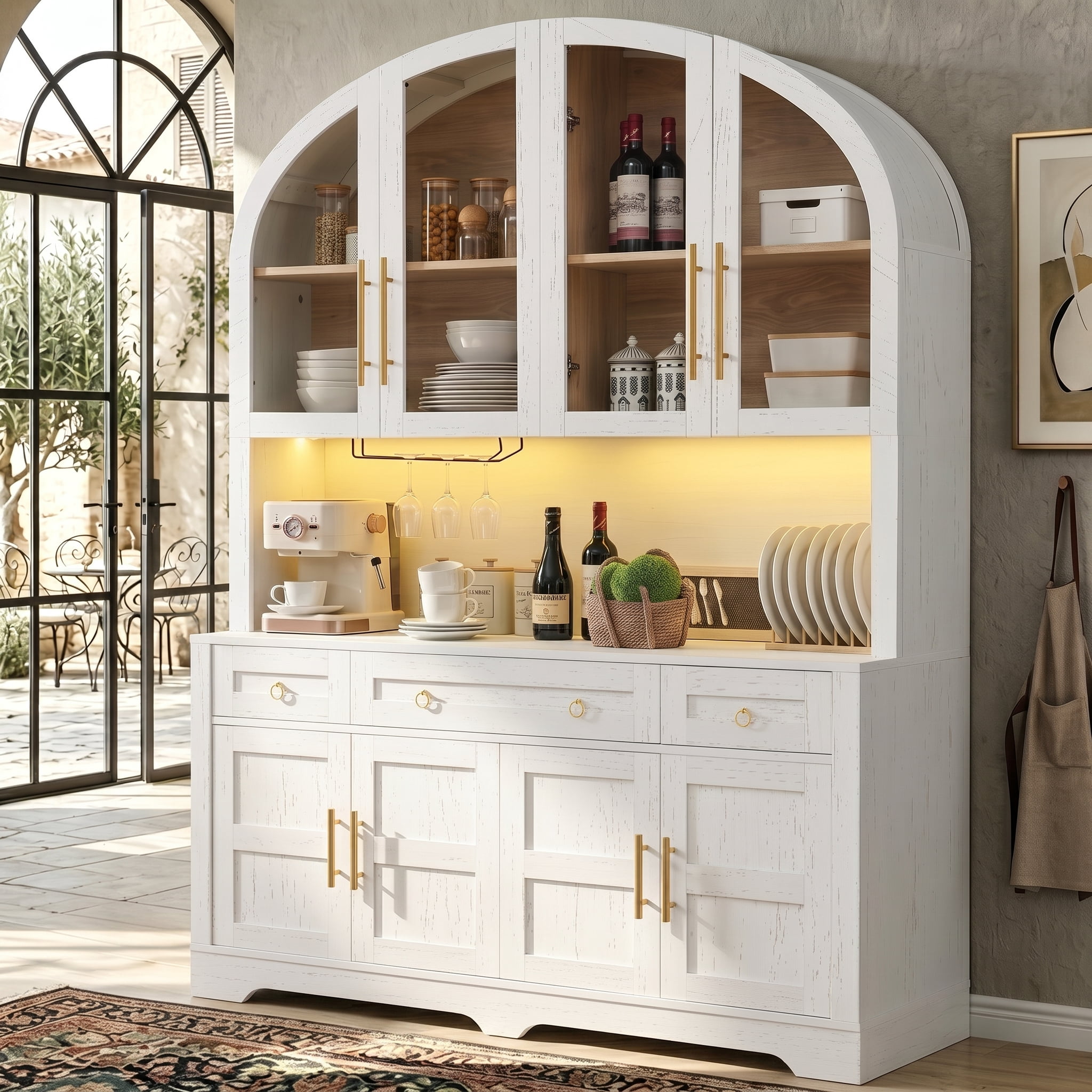 Aukfa 75.6"H Large Tall Kitchen Pantry Cabinet with Hutch, Arched Glass Doors, Built-In Charging Station & Smart LED Light,White