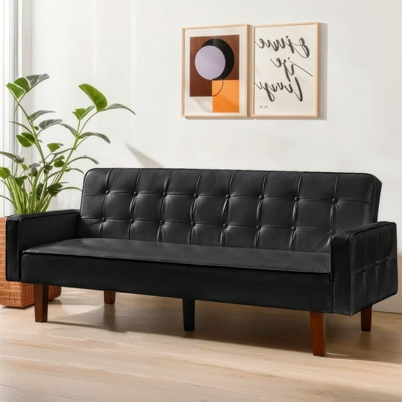 Aukfa 75" Button-Tufted Futon Convertible Sofa Bed for Home Office, Leather, Black