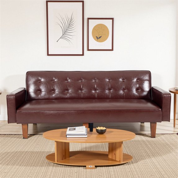 Aukfa 75" Button-Tufted Futon Convertible Sofa Bed for Home Office, Leather, Red Brown